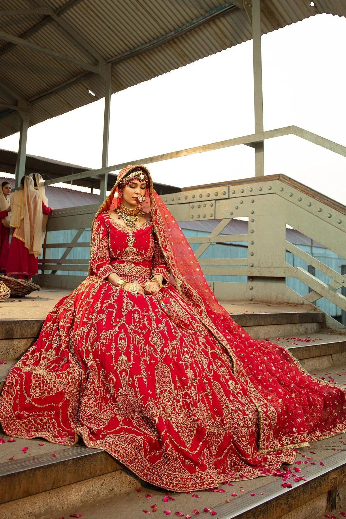 Red formal lehenga with intricate embroidery and structured choli – view 4 – Poshaq