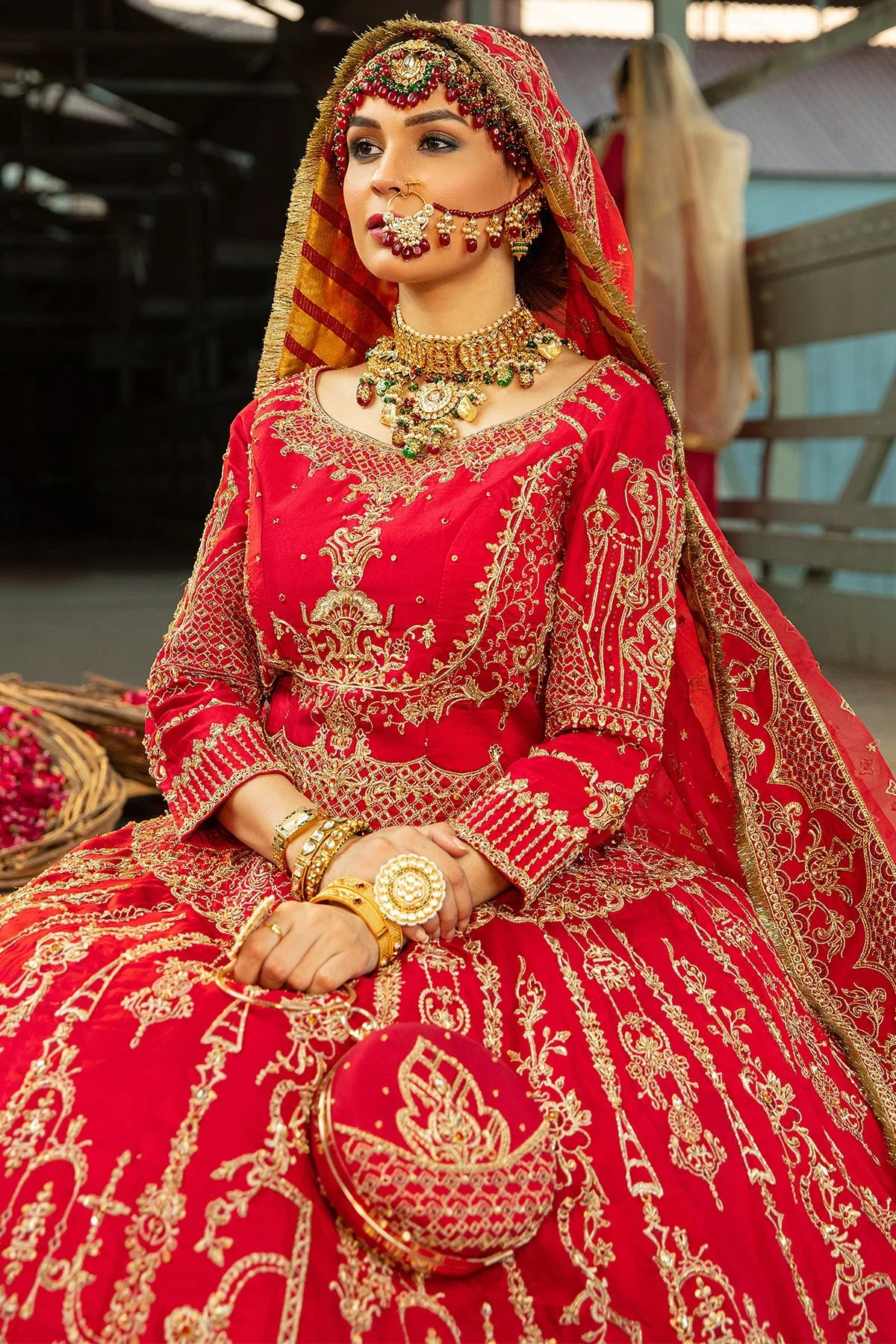 Red formal lehenga with intricate embroidery and structured choli – view 5 – Poshaq