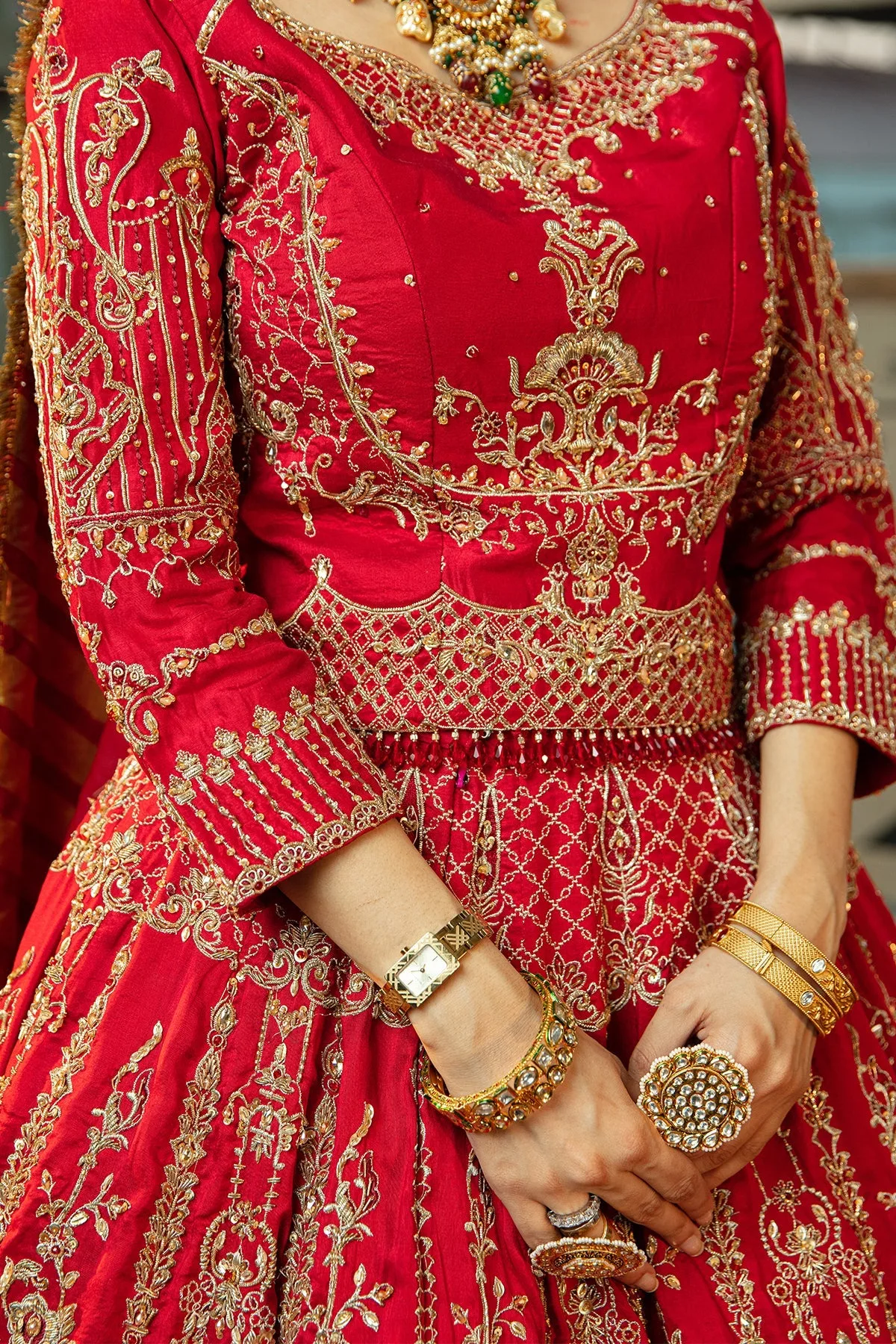 Red formal lehenga with intricate embroidery and structured choli – view 6 – Poshaq