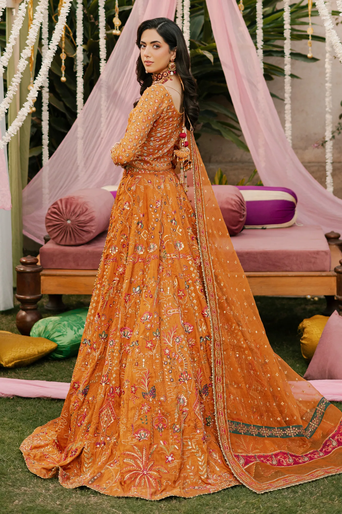 Gold organza lehenga with sleek bodice and flowing skirt – view 2 – Poshaq