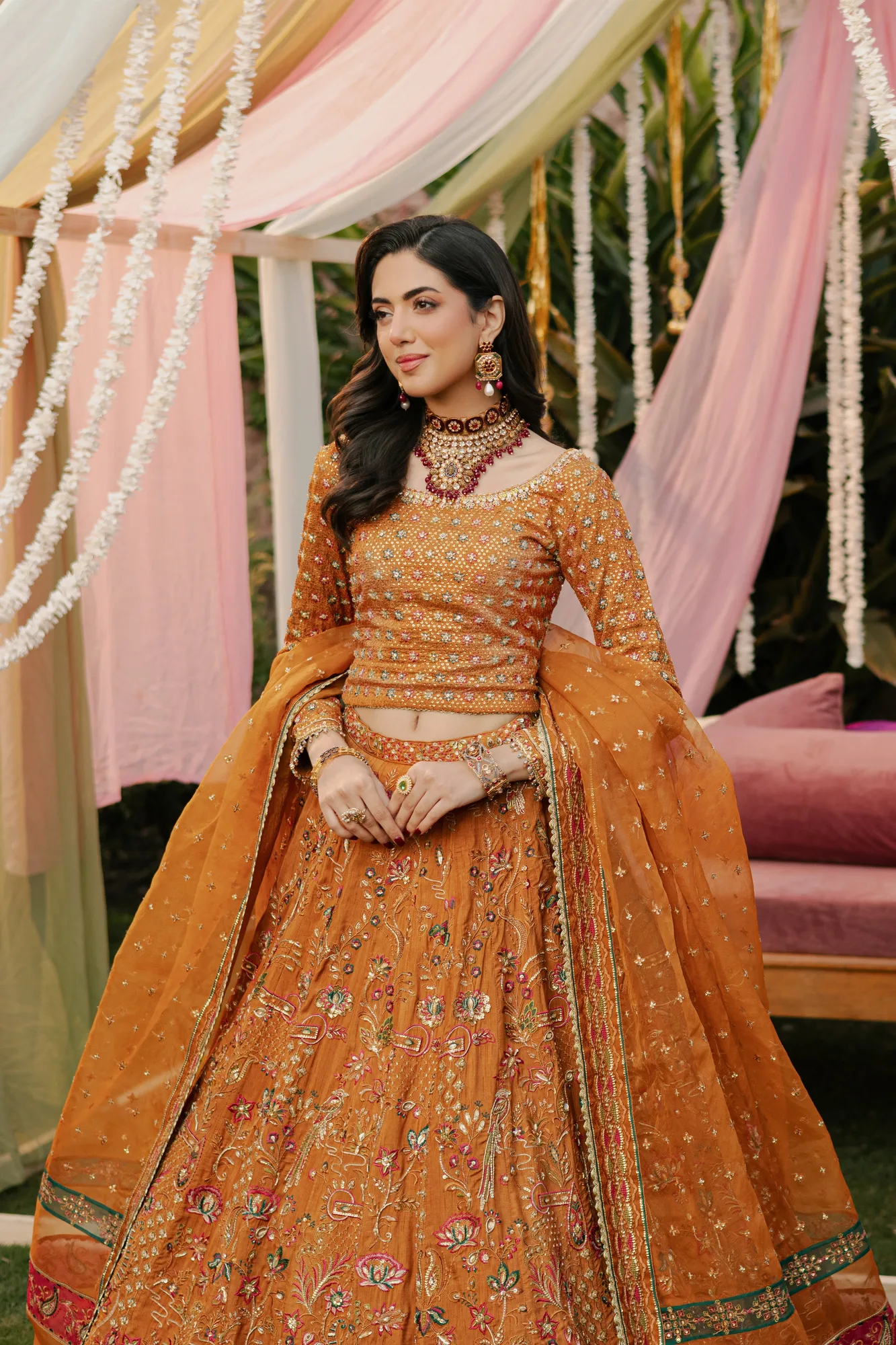 Gold organza lehenga with sleek bodice and flowing skirt – view 3 – Poshaq