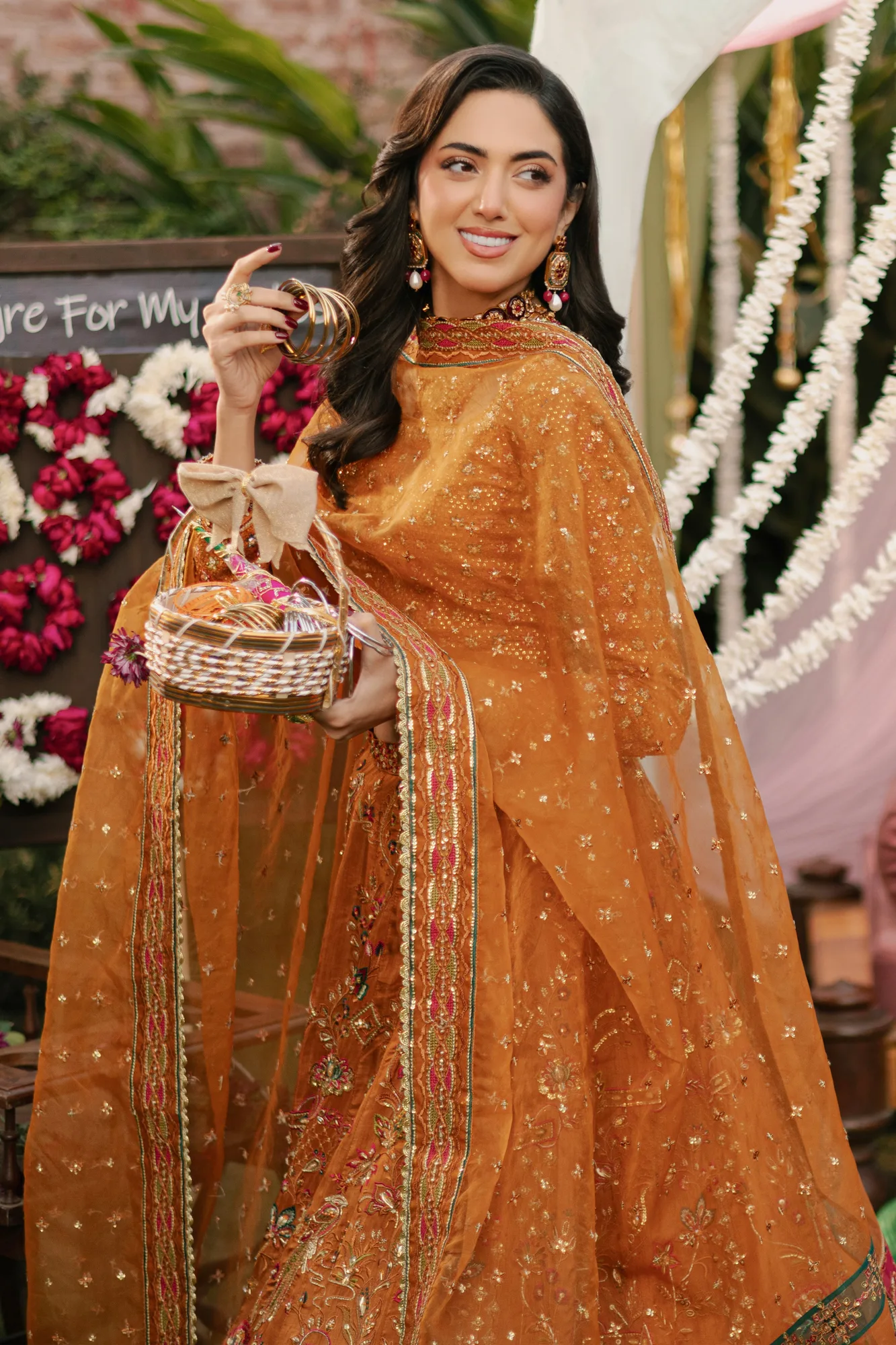 Gold organza lehenga with sleek bodice and flowing skirt – view 4 – Poshaq