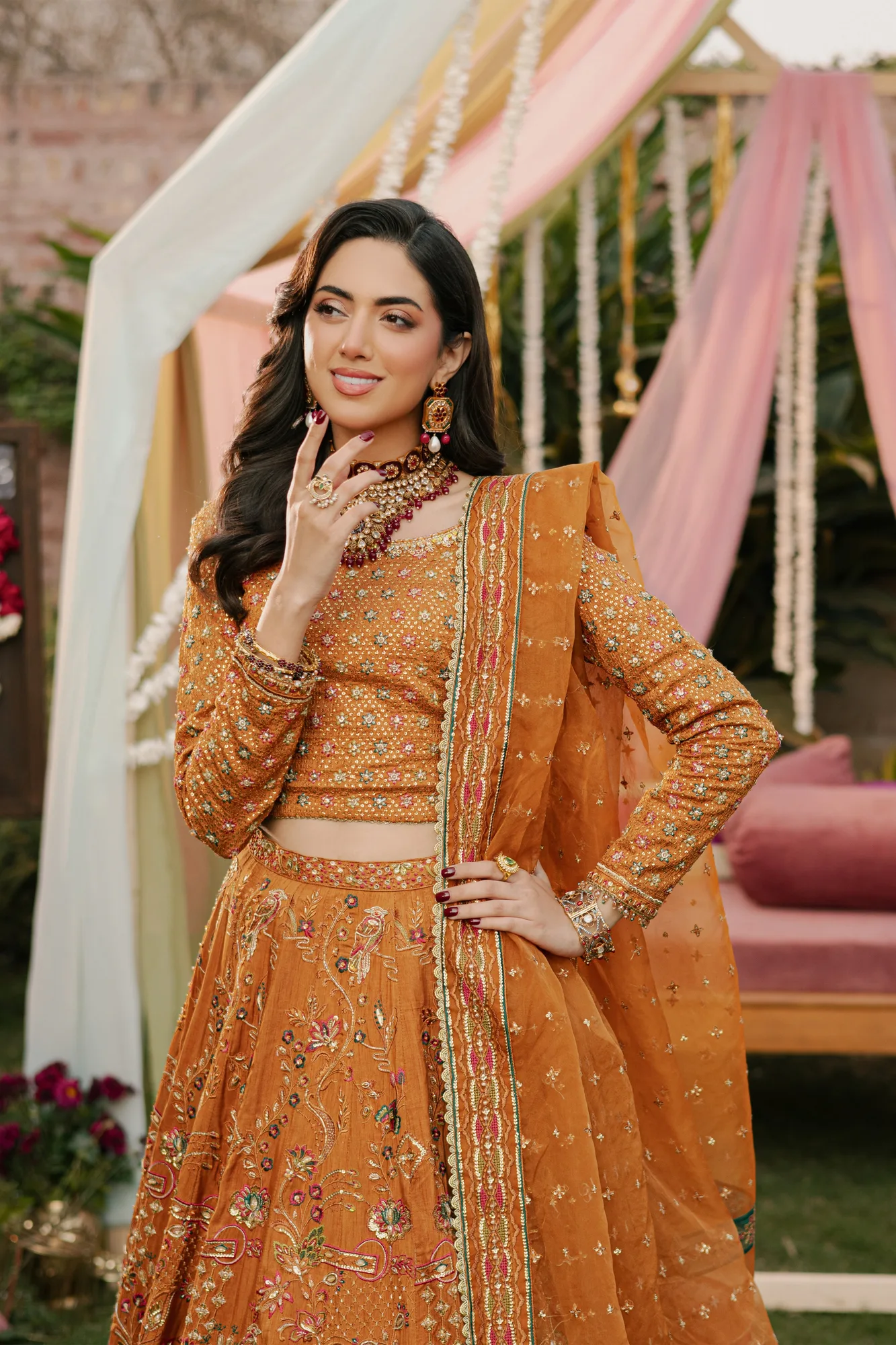 Gold organza lehenga with sleek bodice and flowing skirt – view 5 – Poshaq