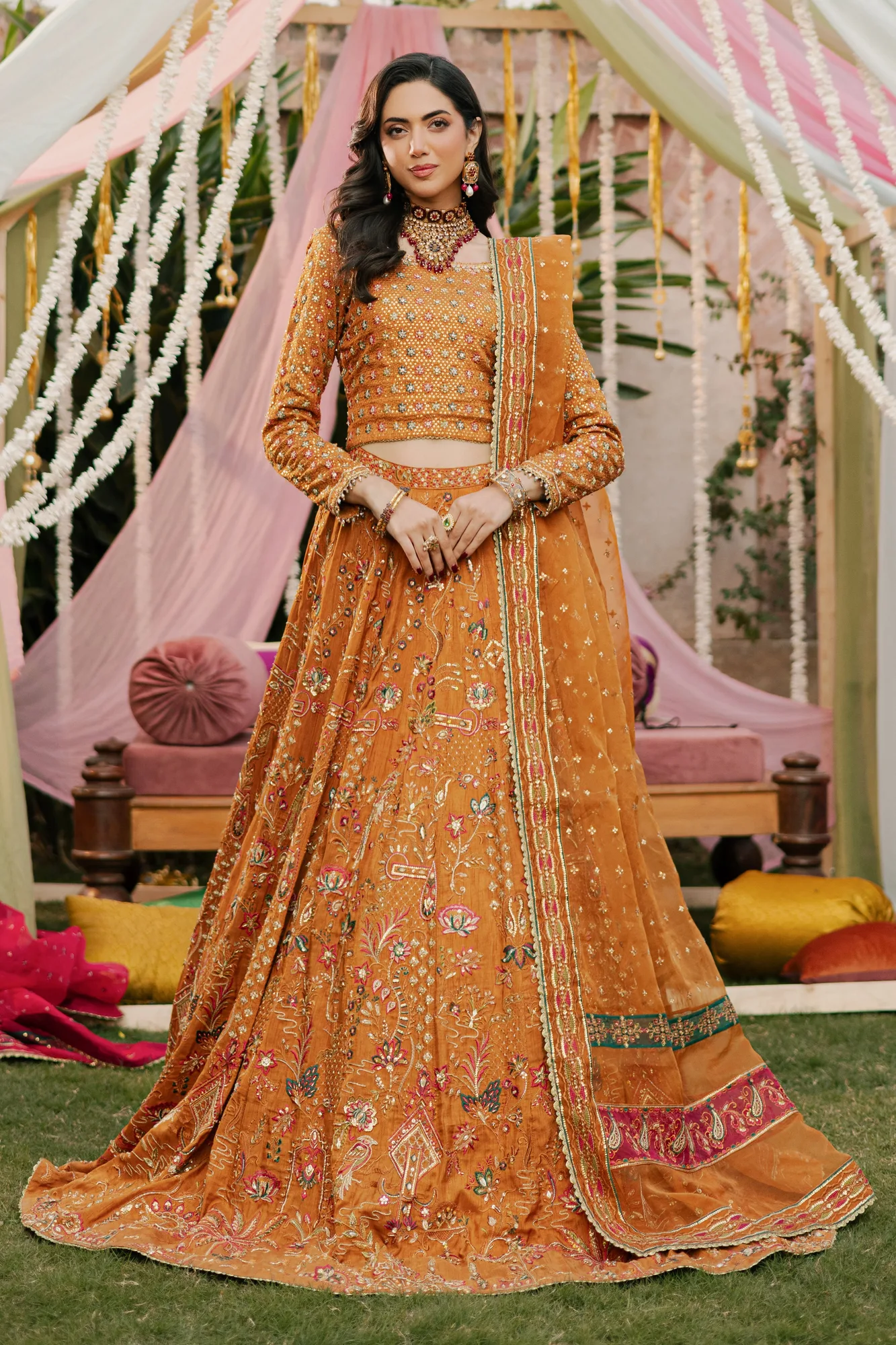 Gold organza lehenga with sleek bodice and flowing skirt – view 6 – Poshaq
