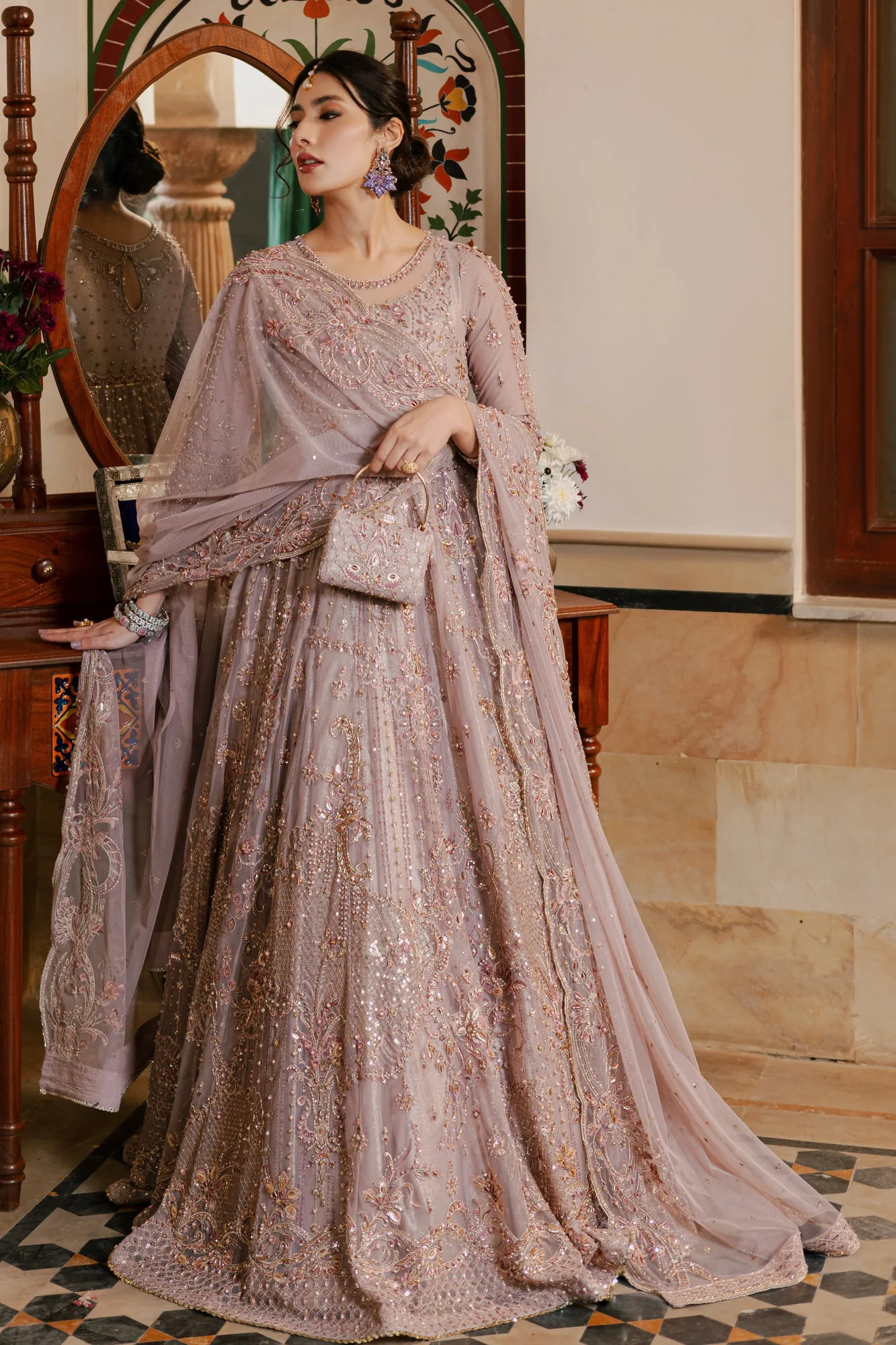 Lilac organza maxi frock with net dupatta and hand‑embellished details – view 1 – Poshaq