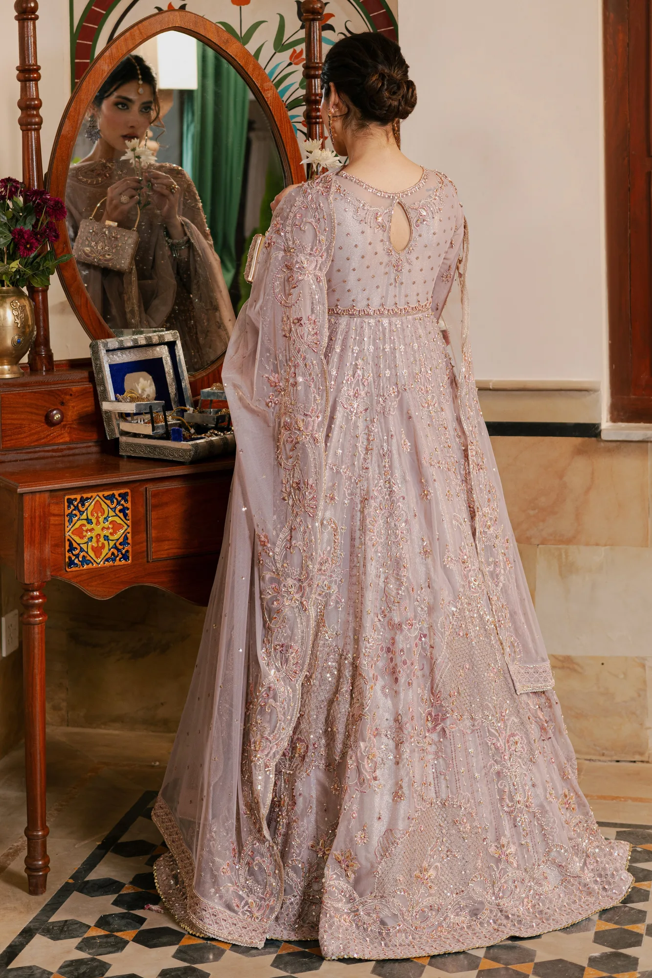 Lilac organza maxi frock with net dupatta and hand‑embellished details – view 2 – Poshaq