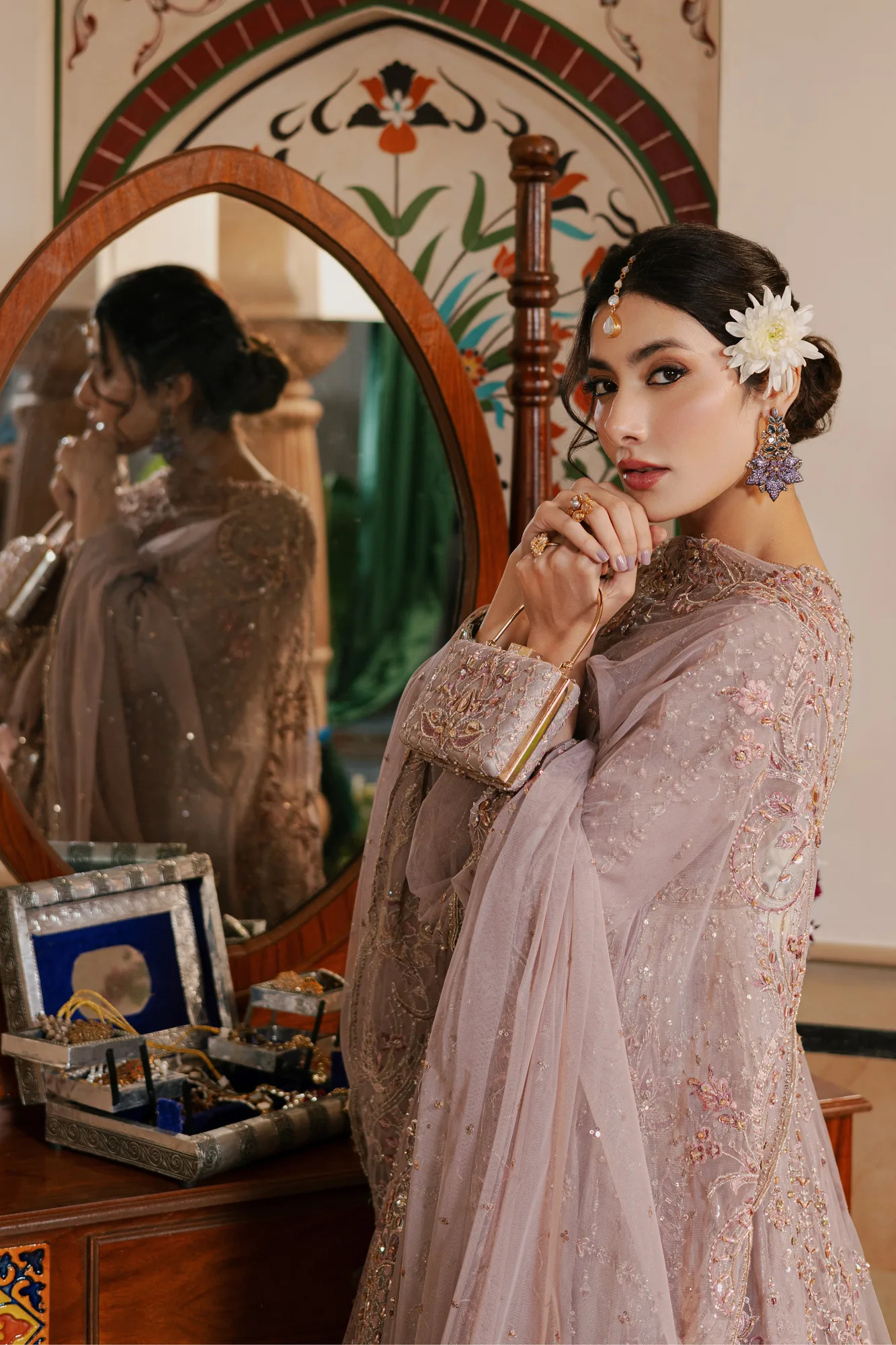 Lilac organza maxi frock with net dupatta and hand‑embellished details – view 3 – Poshaq