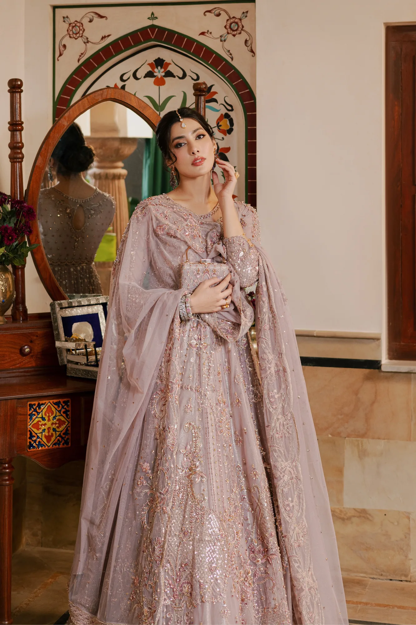 Lilac organza maxi frock with net dupatta and hand‑embellished details – view 4 – Poshaq