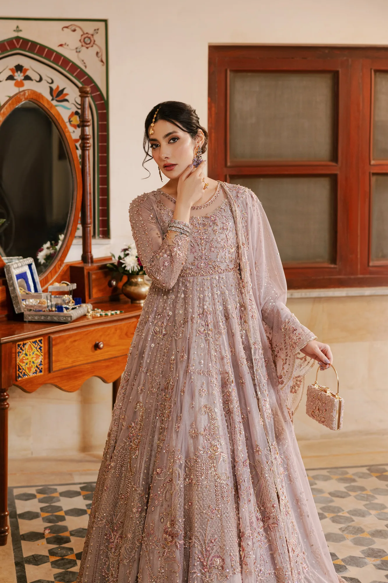 Lilac organza maxi frock with net dupatta and hand‑embellished details – view 6 – Poshaq