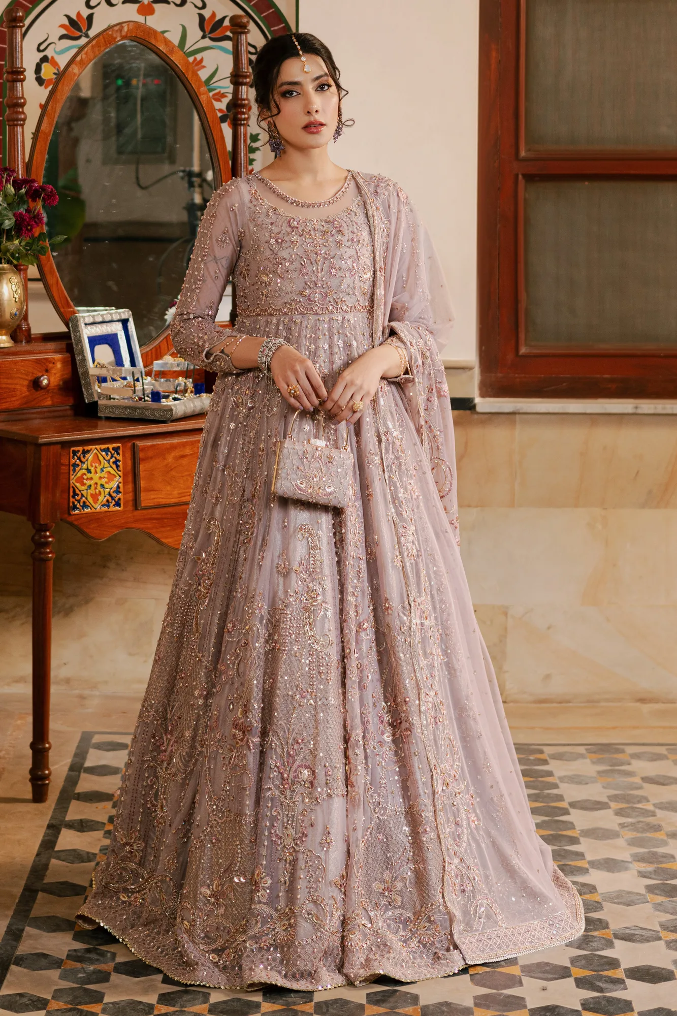 Lilac organza maxi frock with net dupatta and hand‑embellished details – view 7 – Poshaq