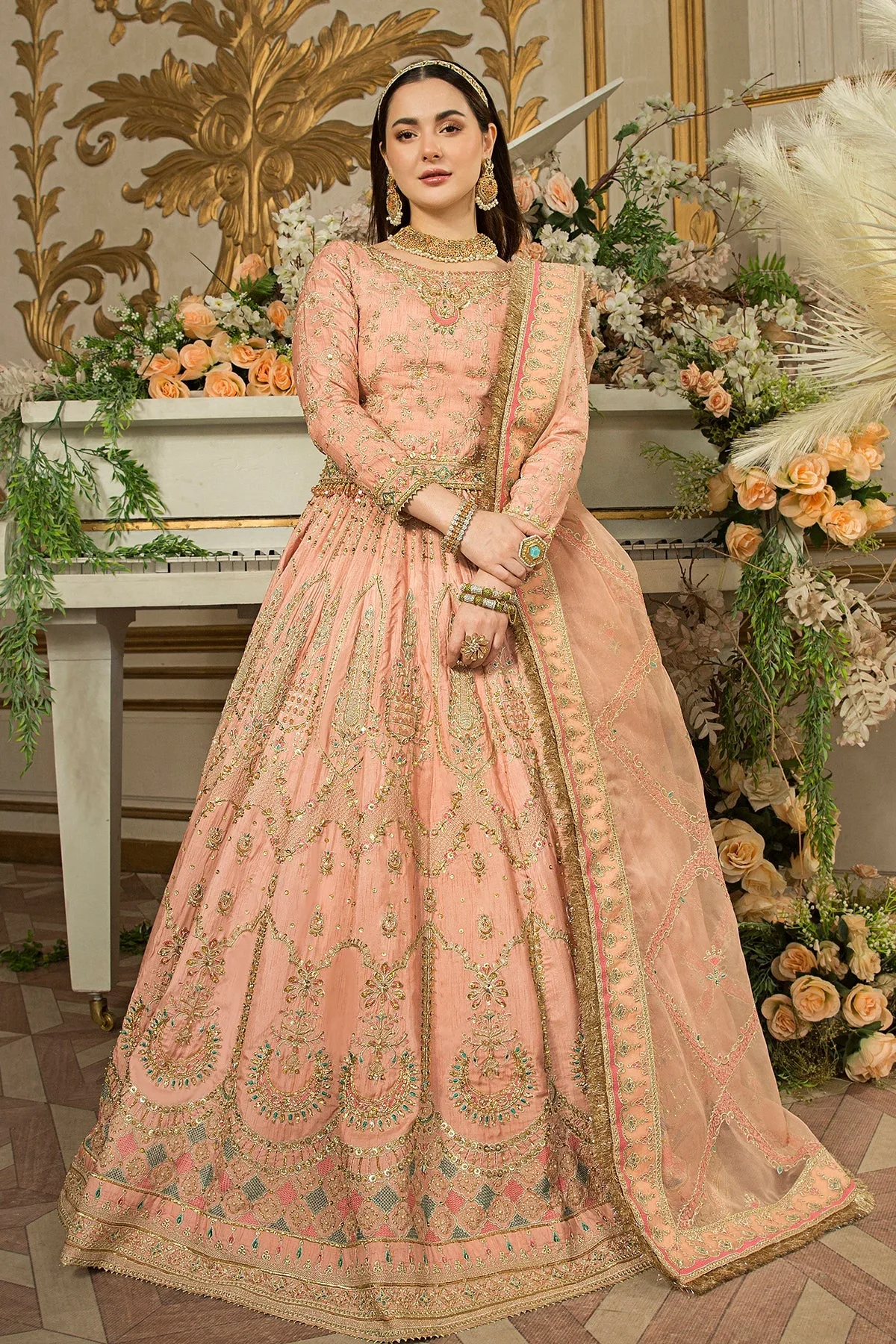 Peach raw silk lehenga with organza dupatta and embroidered details – view 1 – Poshaq