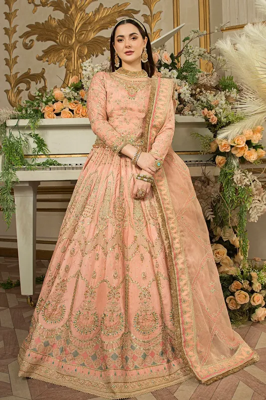 Peach raw silk lehenga with organza dupatta and embroidered details – view 1 – Poshaq