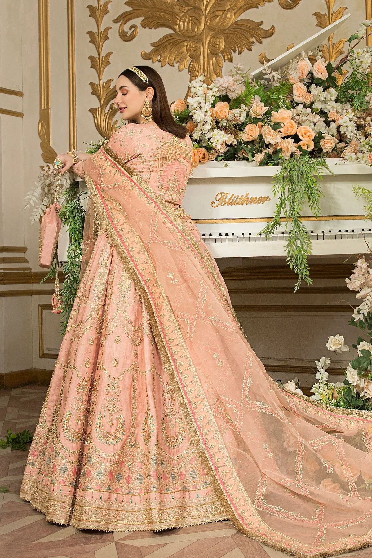 Peach raw silk lehenga with organza dupatta and embroidered details – view 2 – Poshaq