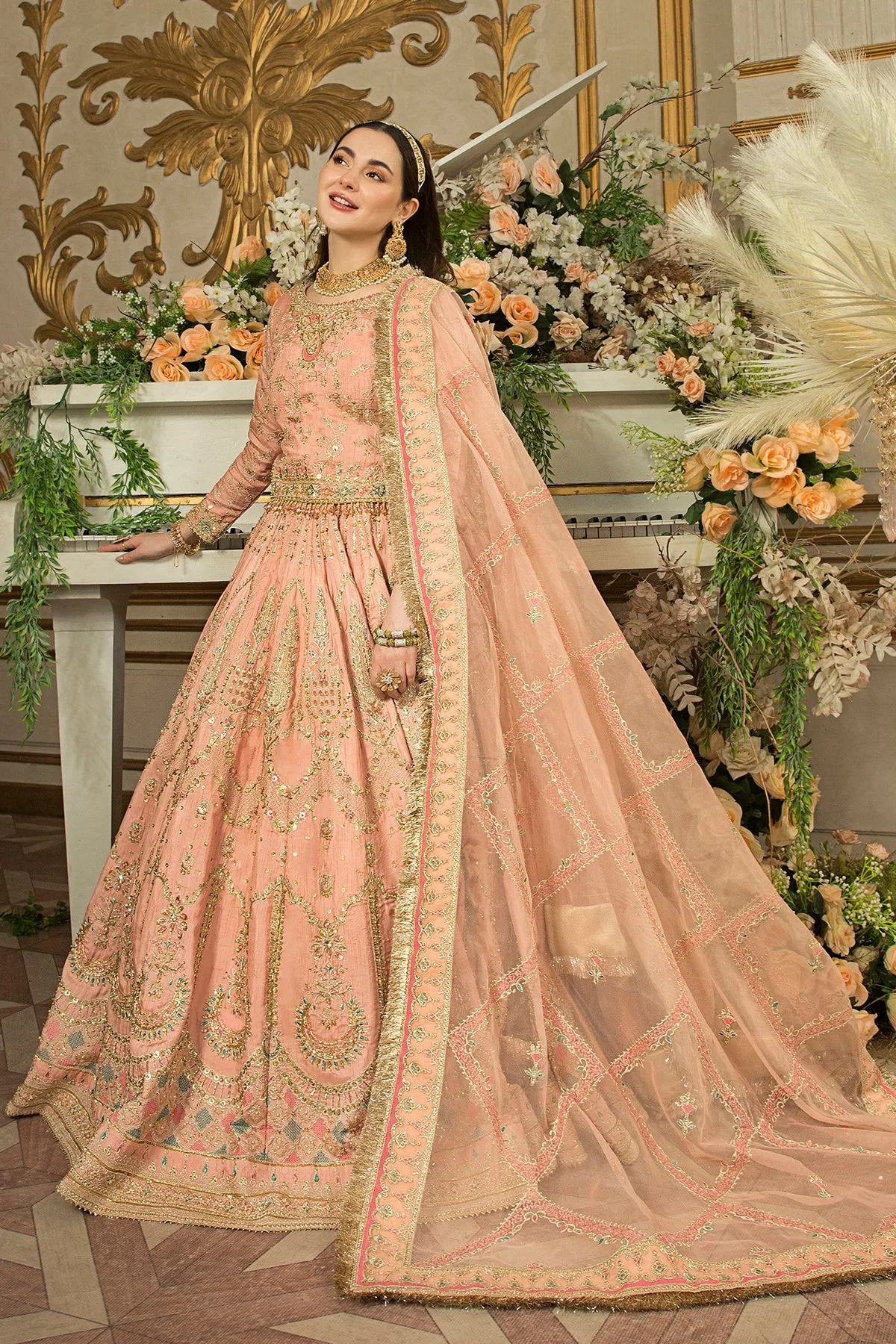 Peach raw silk lehenga with organza dupatta and embroidered details – view 3 – Poshaq