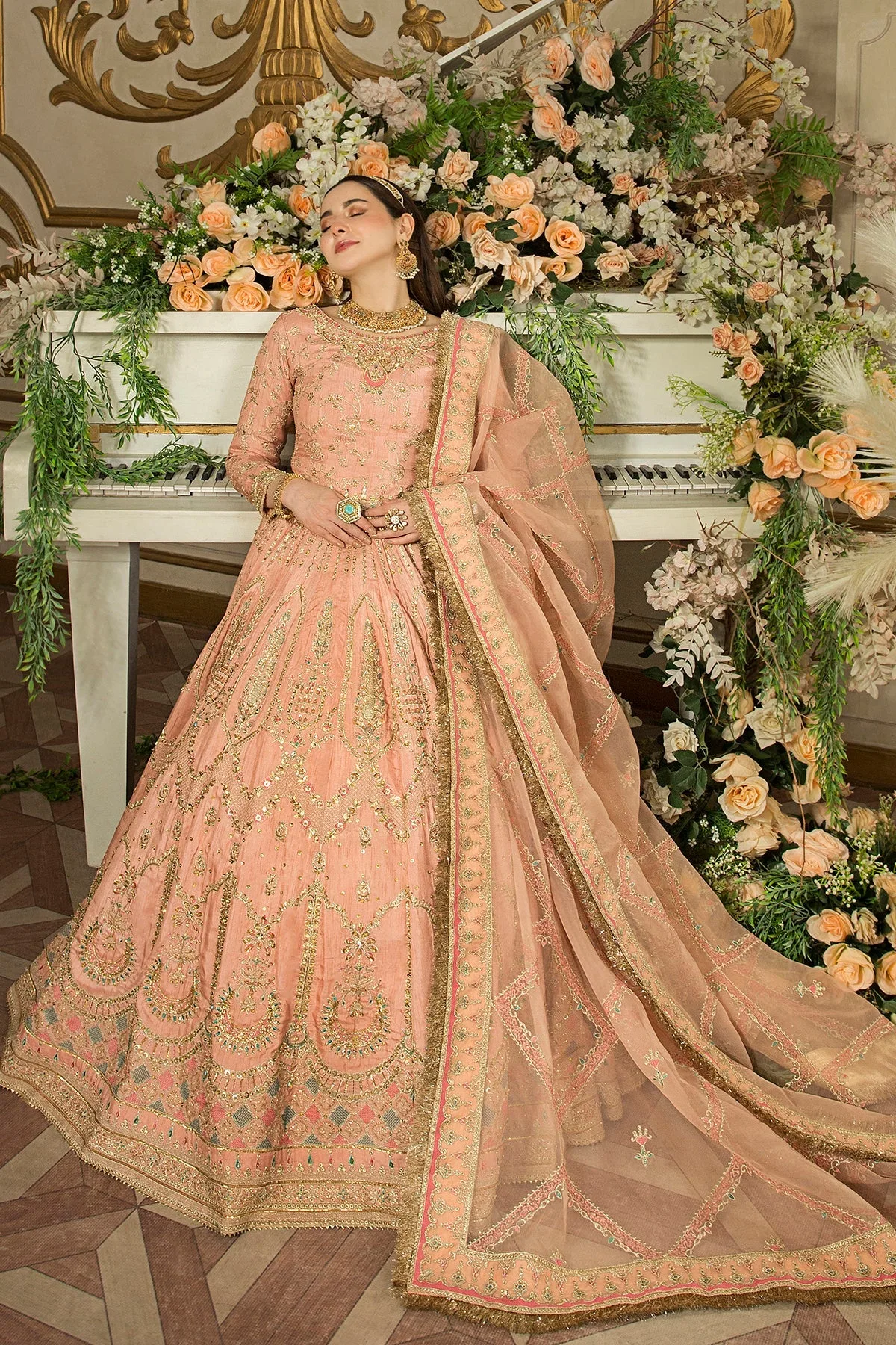 Peach raw silk lehenga with organza dupatta and embroidered details – view 4 – Poshaq