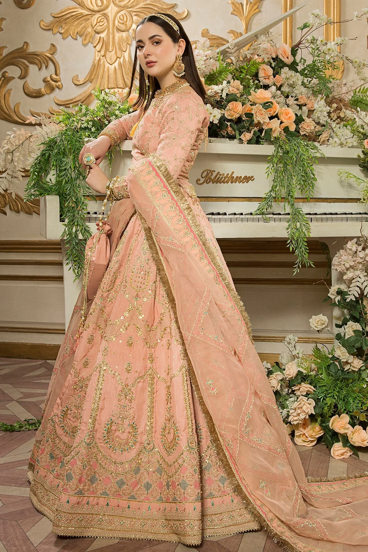 Peach raw silk lehenga with organza dupatta and embroidered details – view 5 – Poshaq