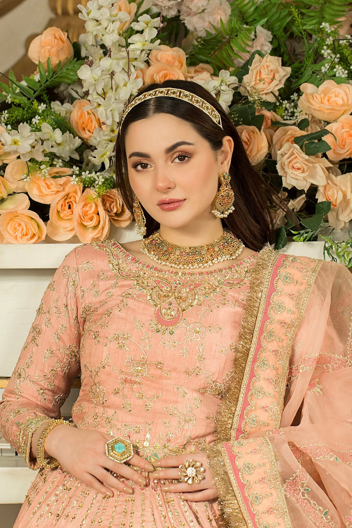Peach raw silk lehenga with organza dupatta and embroidered details – view 6 – Poshaq