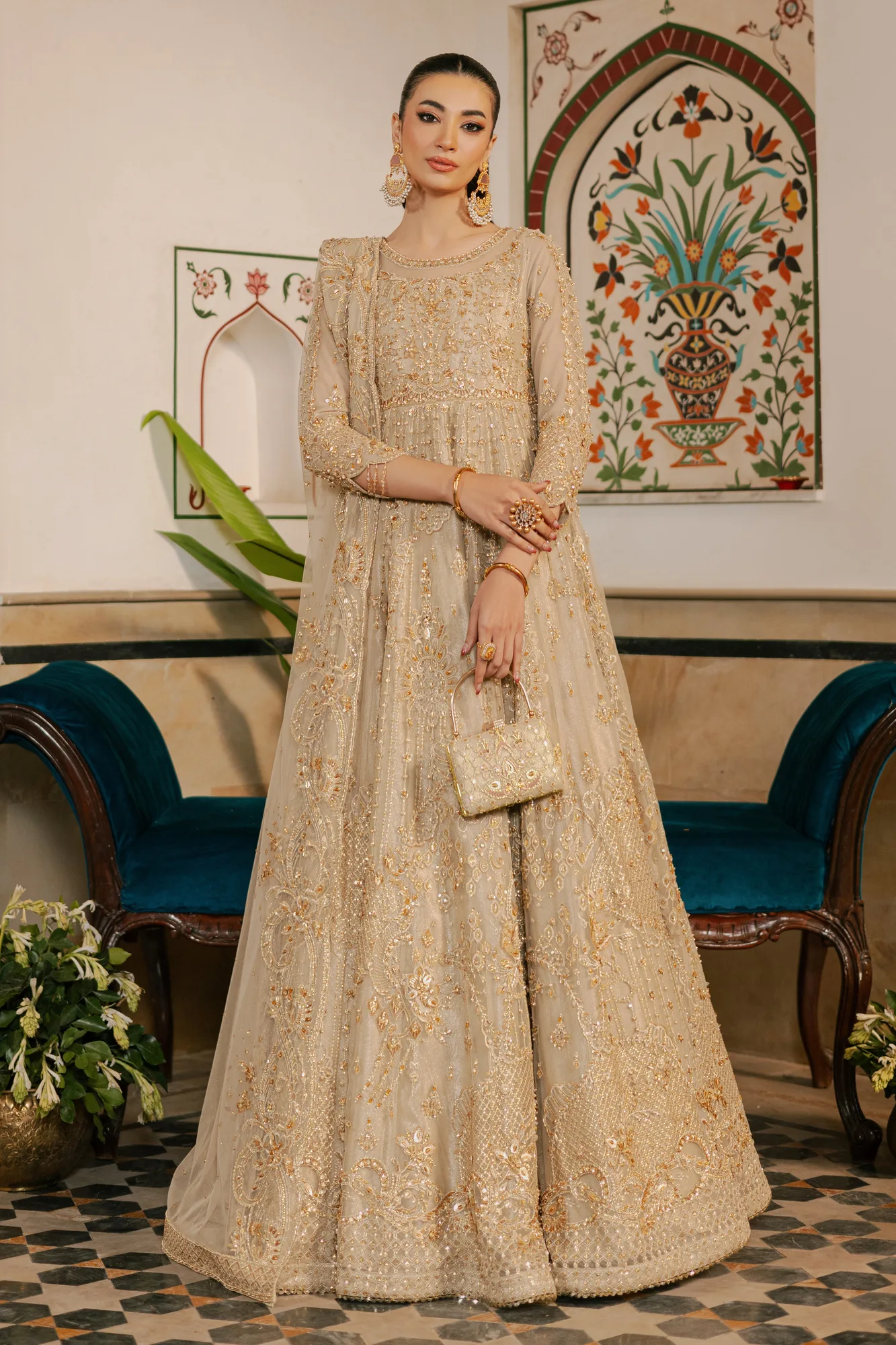 Gold organza frock with net lining and pearl embellishments – view 1 – Poshaq