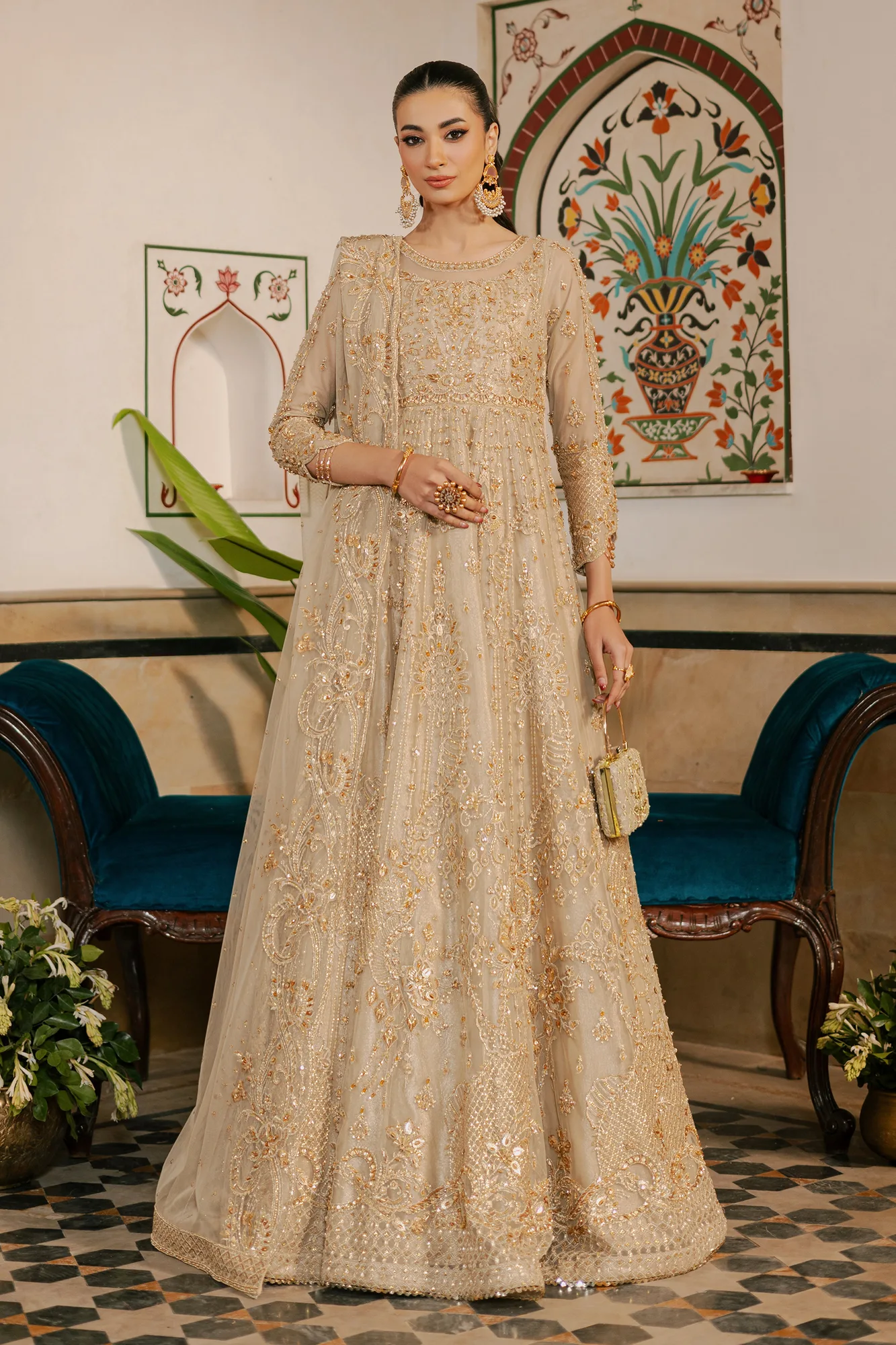 Gold organza frock with net lining and pearl embellishments – view 2 – Poshaq