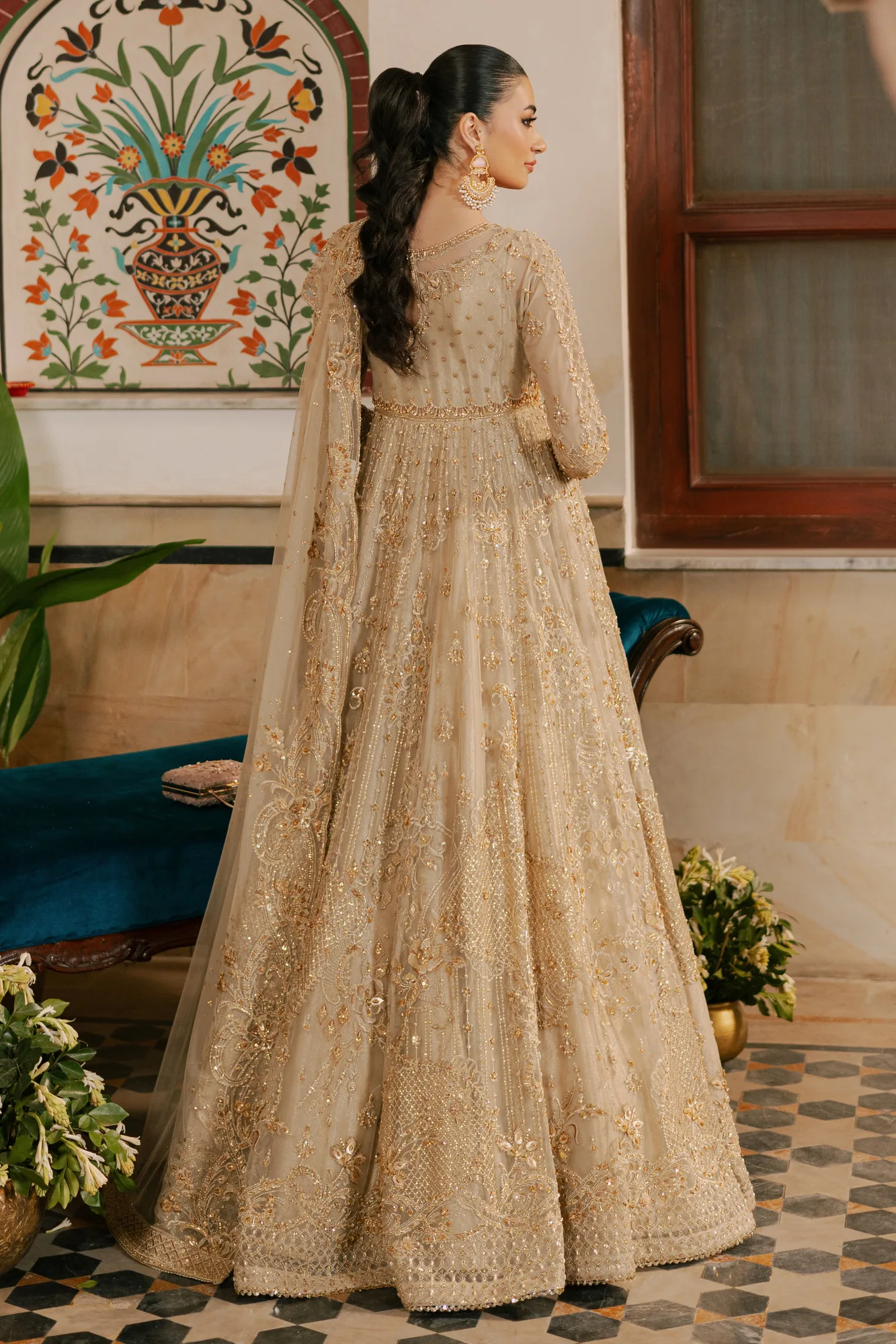 Gold organza frock with net lining and pearl embellishments – view 3 – Poshaq