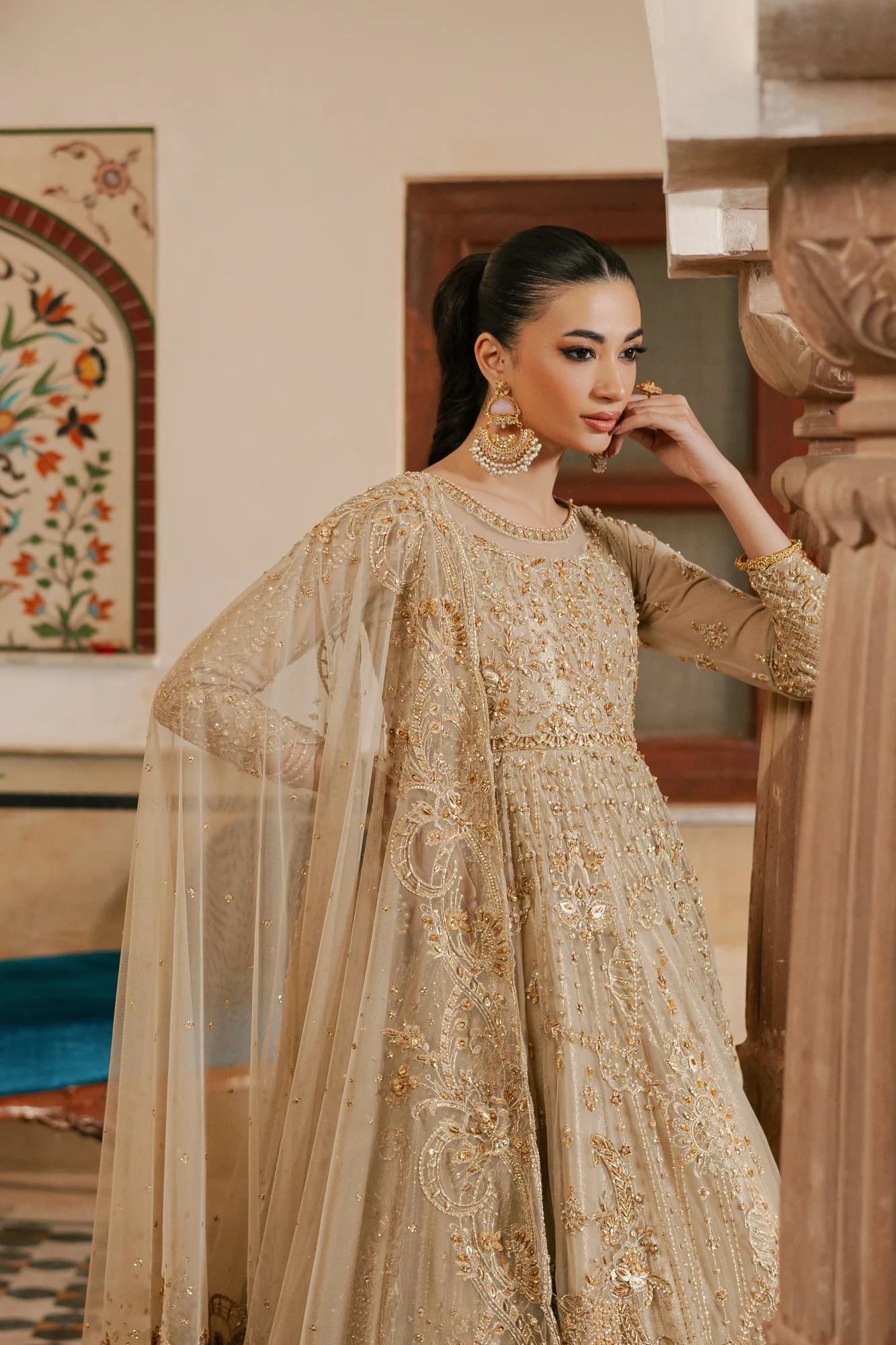 Gold organza frock with net lining and pearl embellishments – view 4 – Poshaq