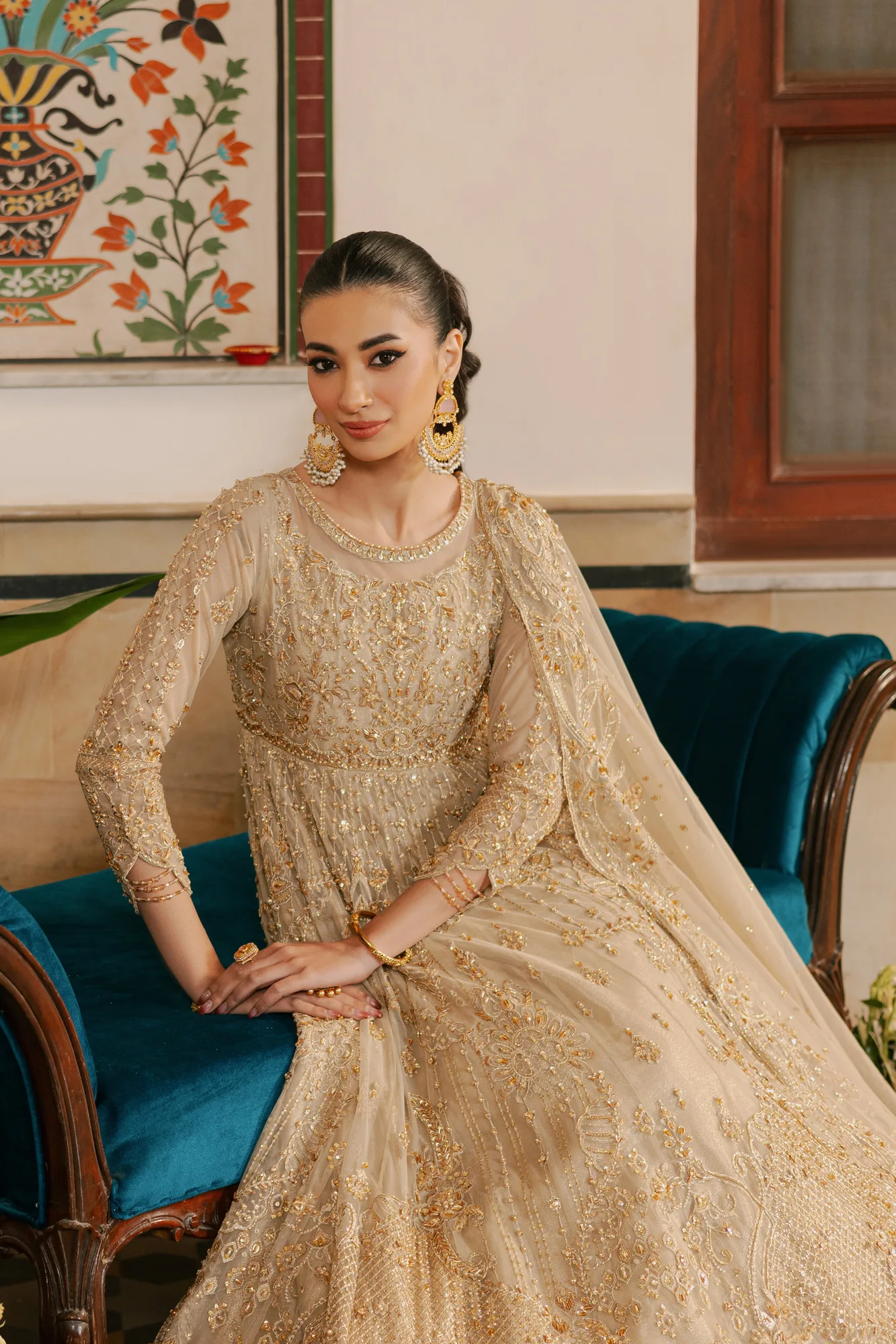 Gold organza frock with net lining and pearl embellishments – view 5 – Poshaq