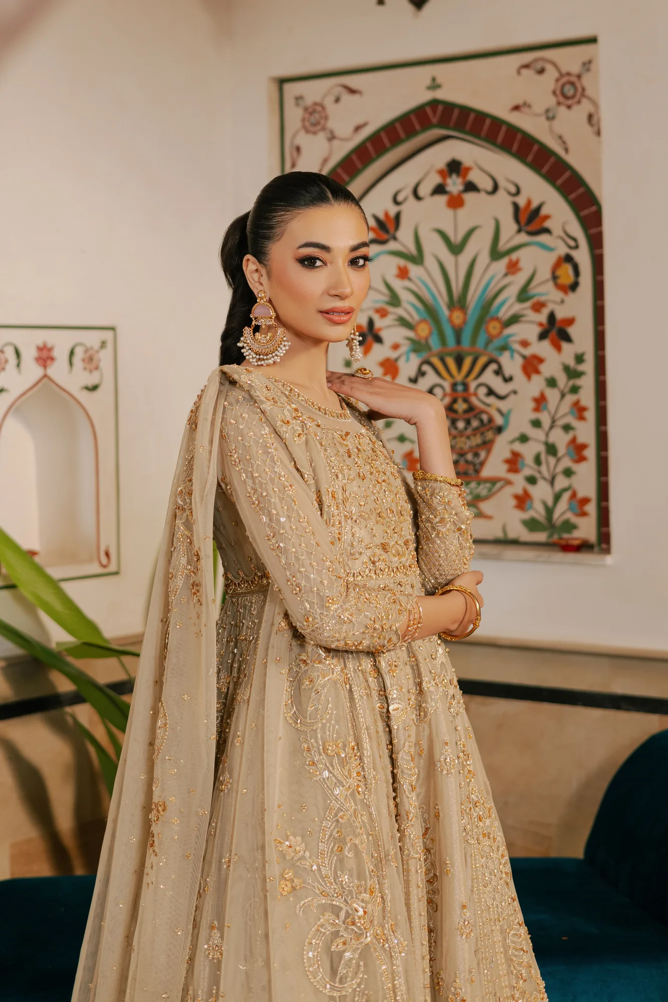 Gold organza frock with net lining and pearl embellishments – view 6 – Poshaq