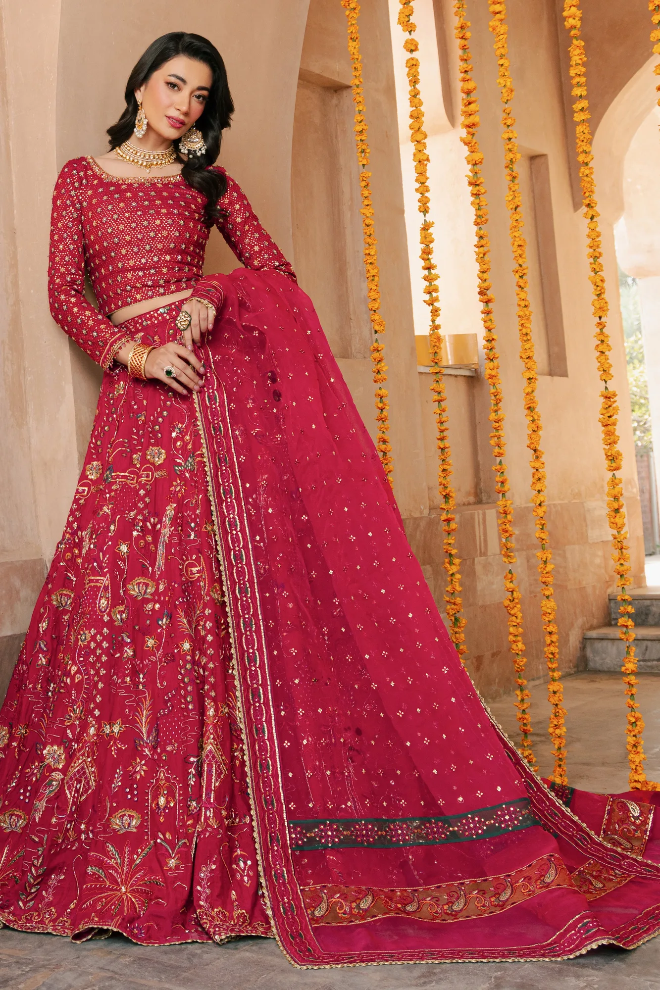 Pink organza lehenga choli with embroidered dupatta – view 1 – Poshaq