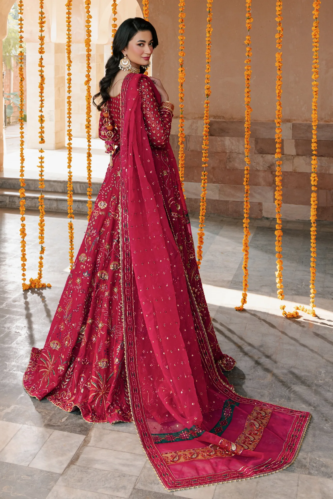 Pink organza lehenga choli with embroidered dupatta – view 2 – Poshaq