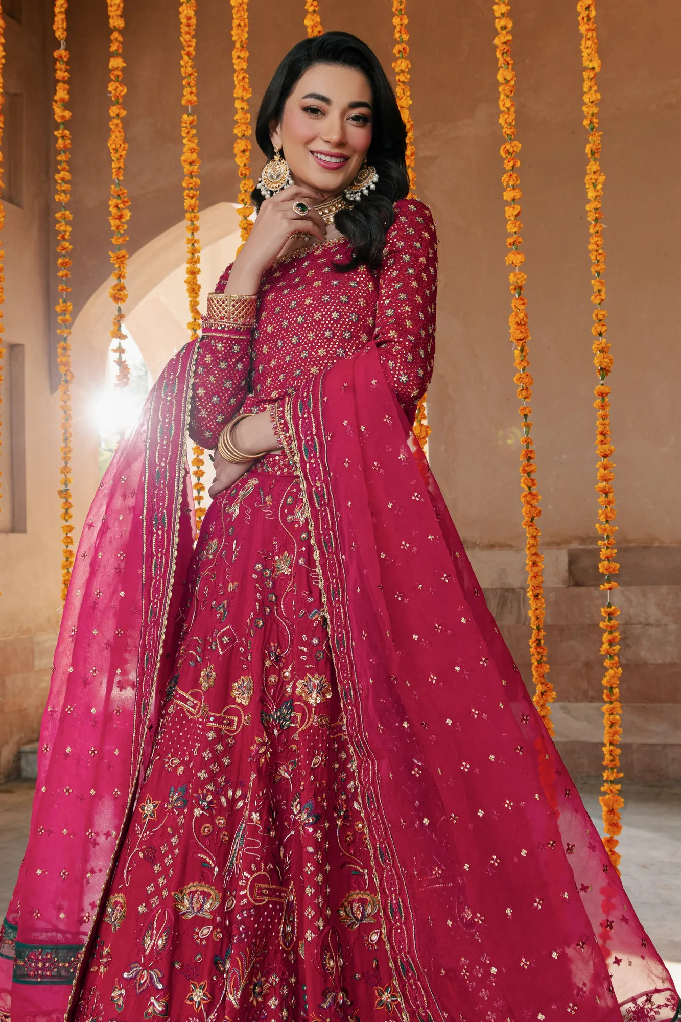 Pink organza lehenga choli with embroidered dupatta – view 3 – Poshaq