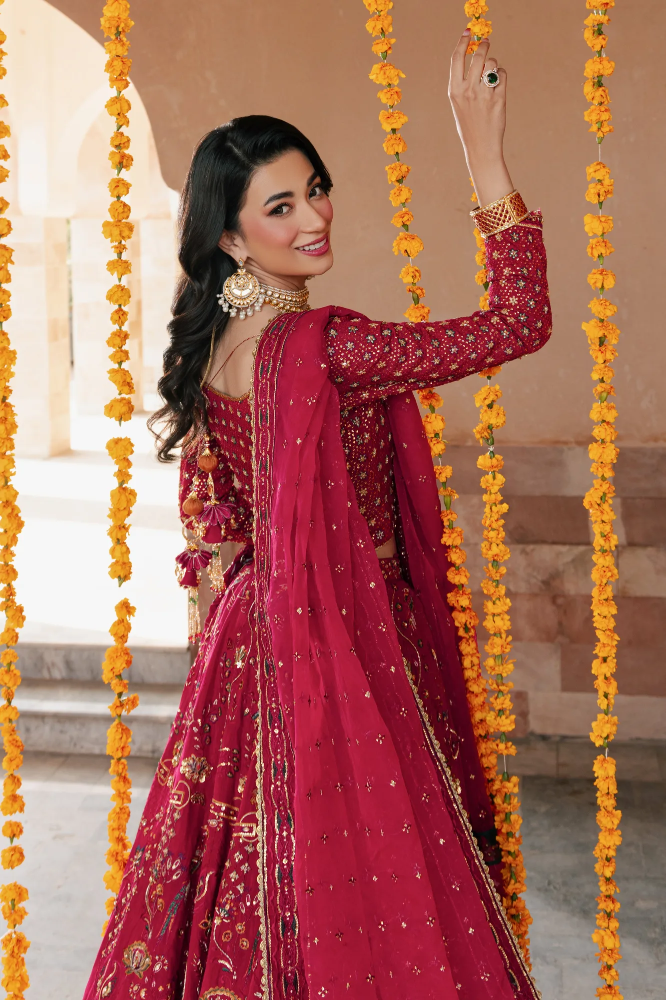 Pink organza lehenga choli with embroidered dupatta – view 4 – Poshaq