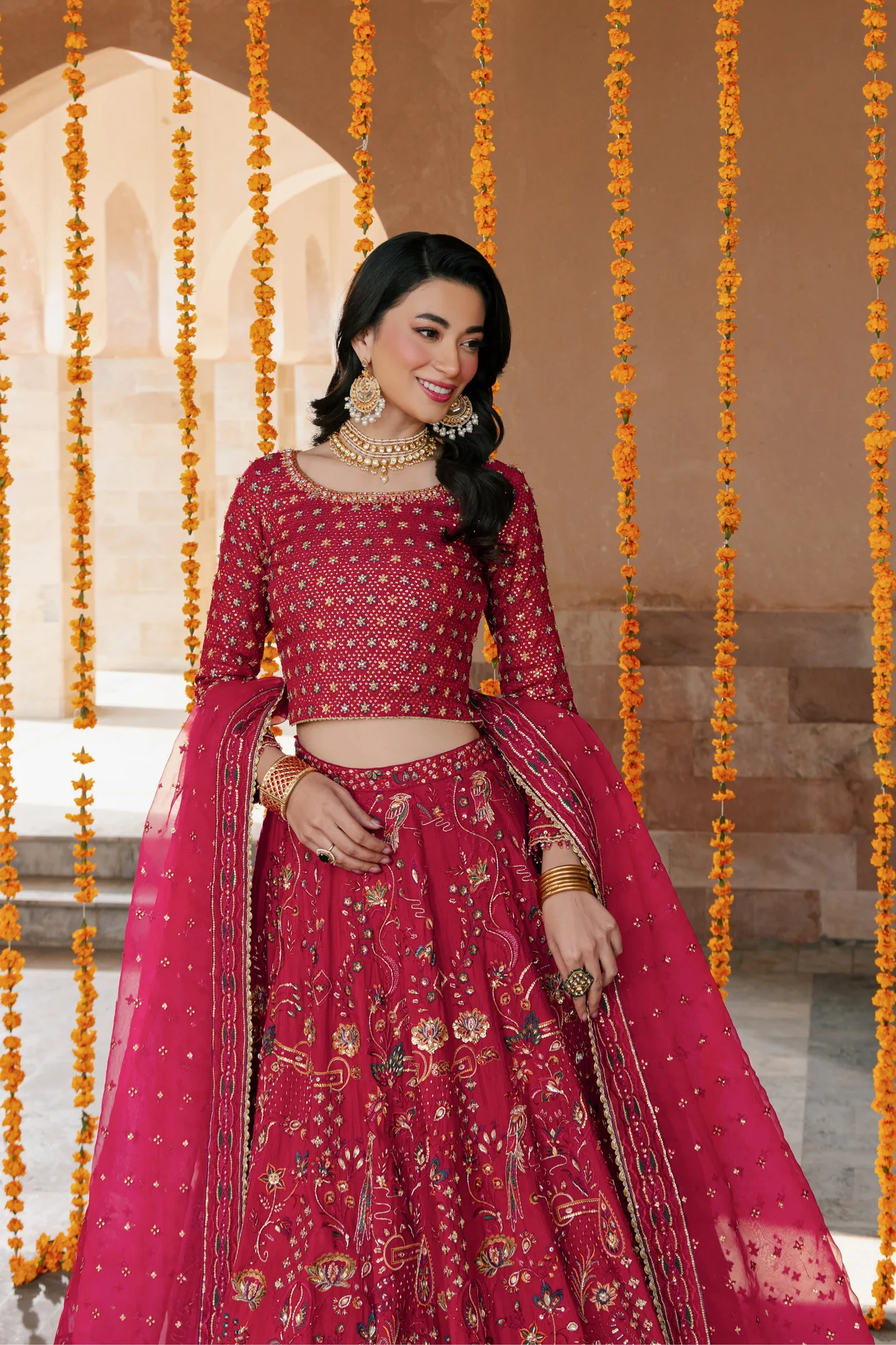 Pink organza lehenga choli with embroidered dupatta – view 5 – Poshaq