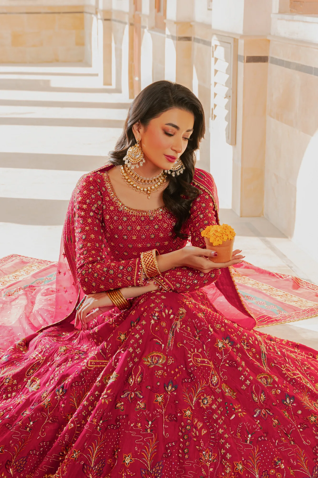 Pink organza lehenga choli with embroidered dupatta – view 6 – Poshaq