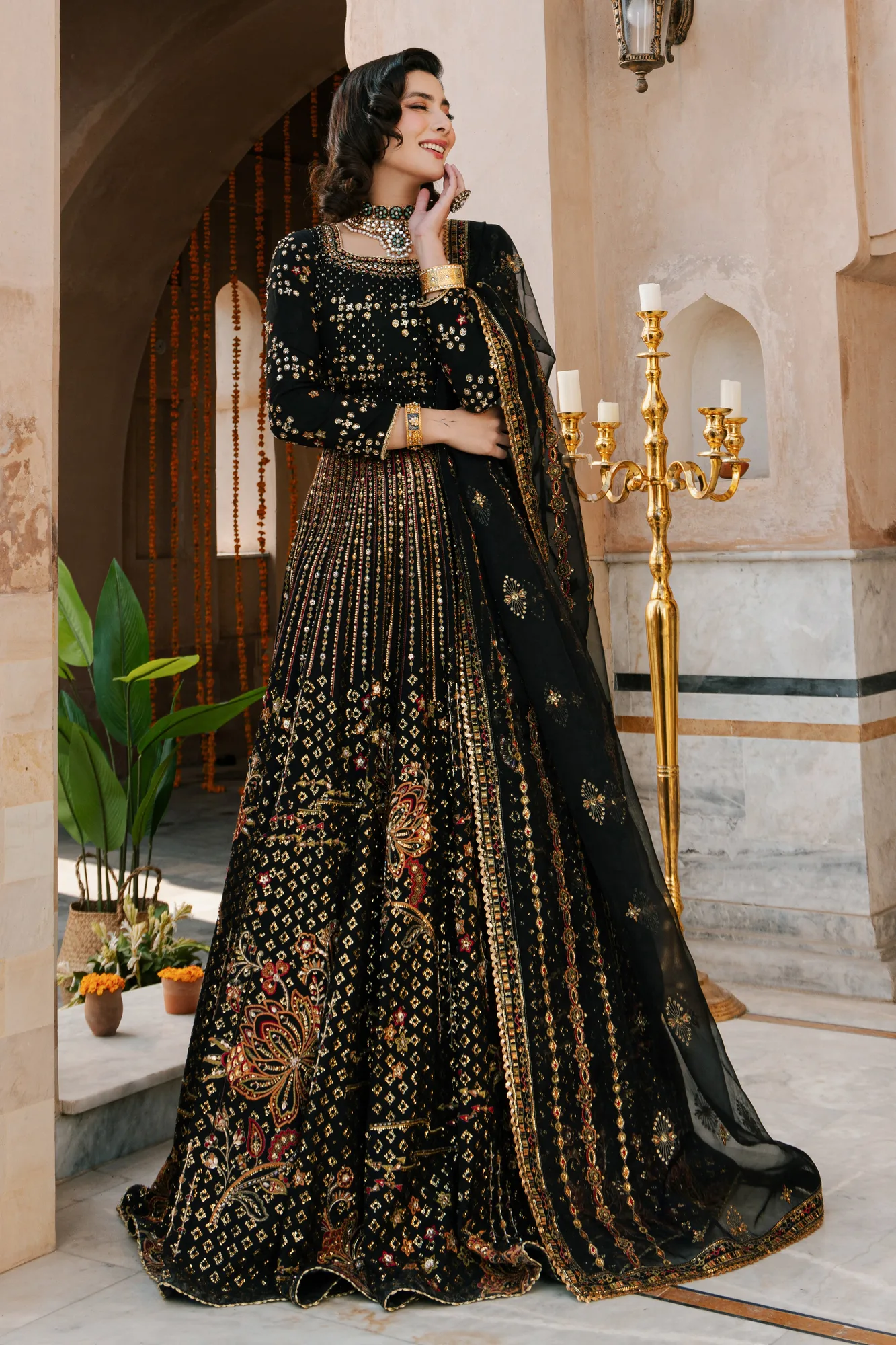 Orange raw silk and organza lehenga choli set with flowing skirt – view 1 – Poshaq