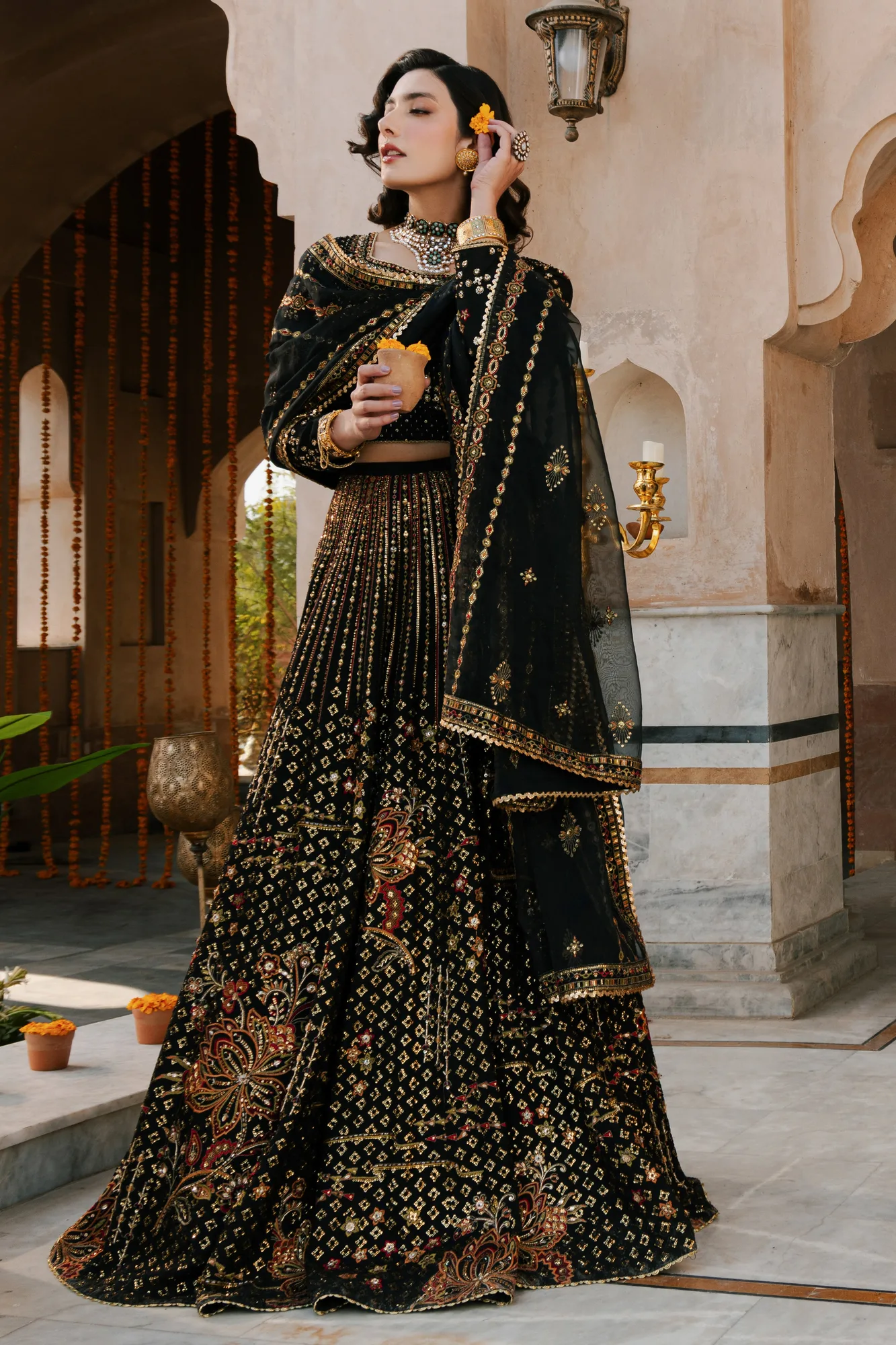 Orange raw silk and organza lehenga choli set with flowing skirt – view 3 – Poshaq