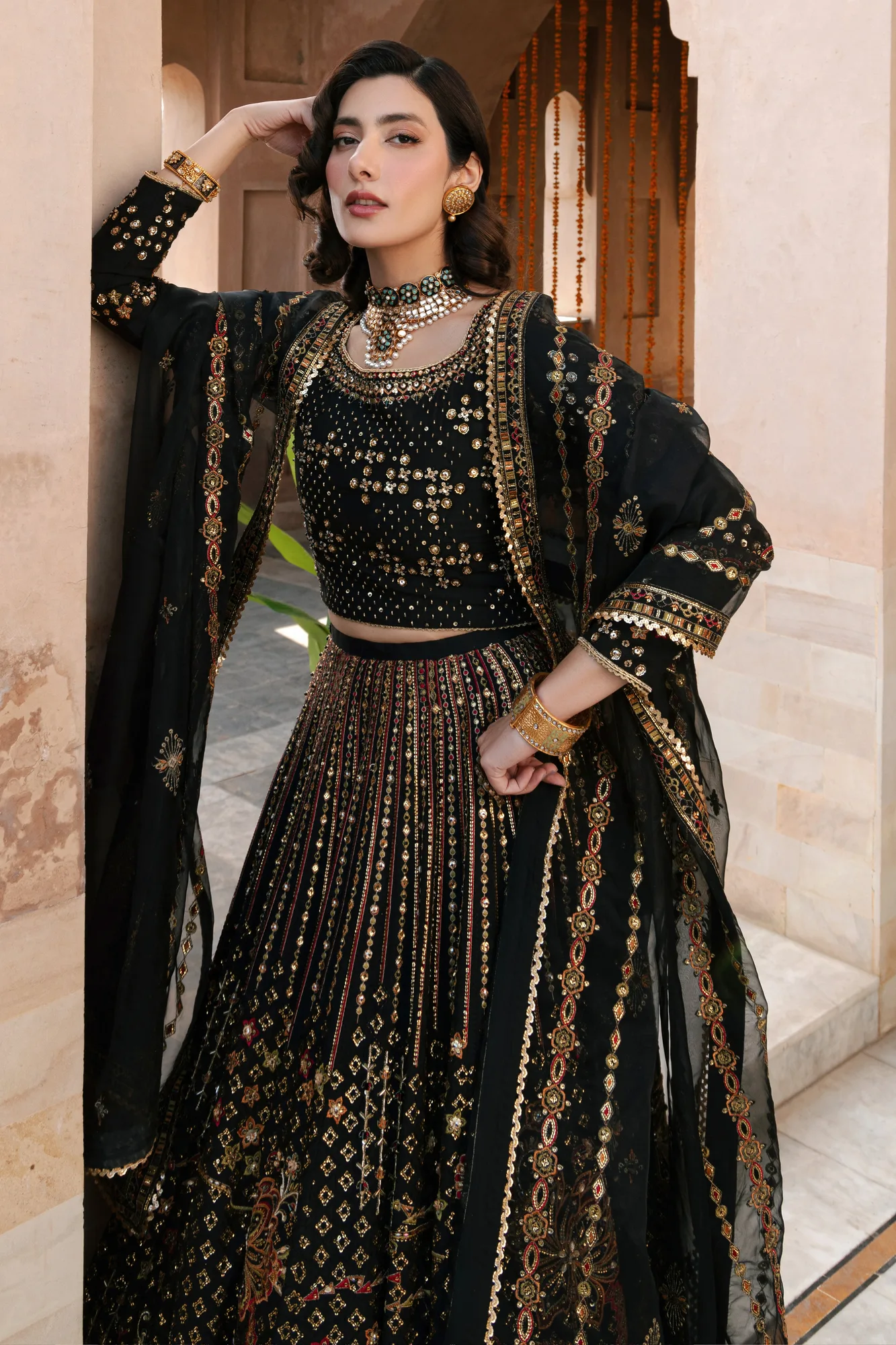 Orange raw silk and organza lehenga choli set with flowing skirt – view 5 – Poshaq