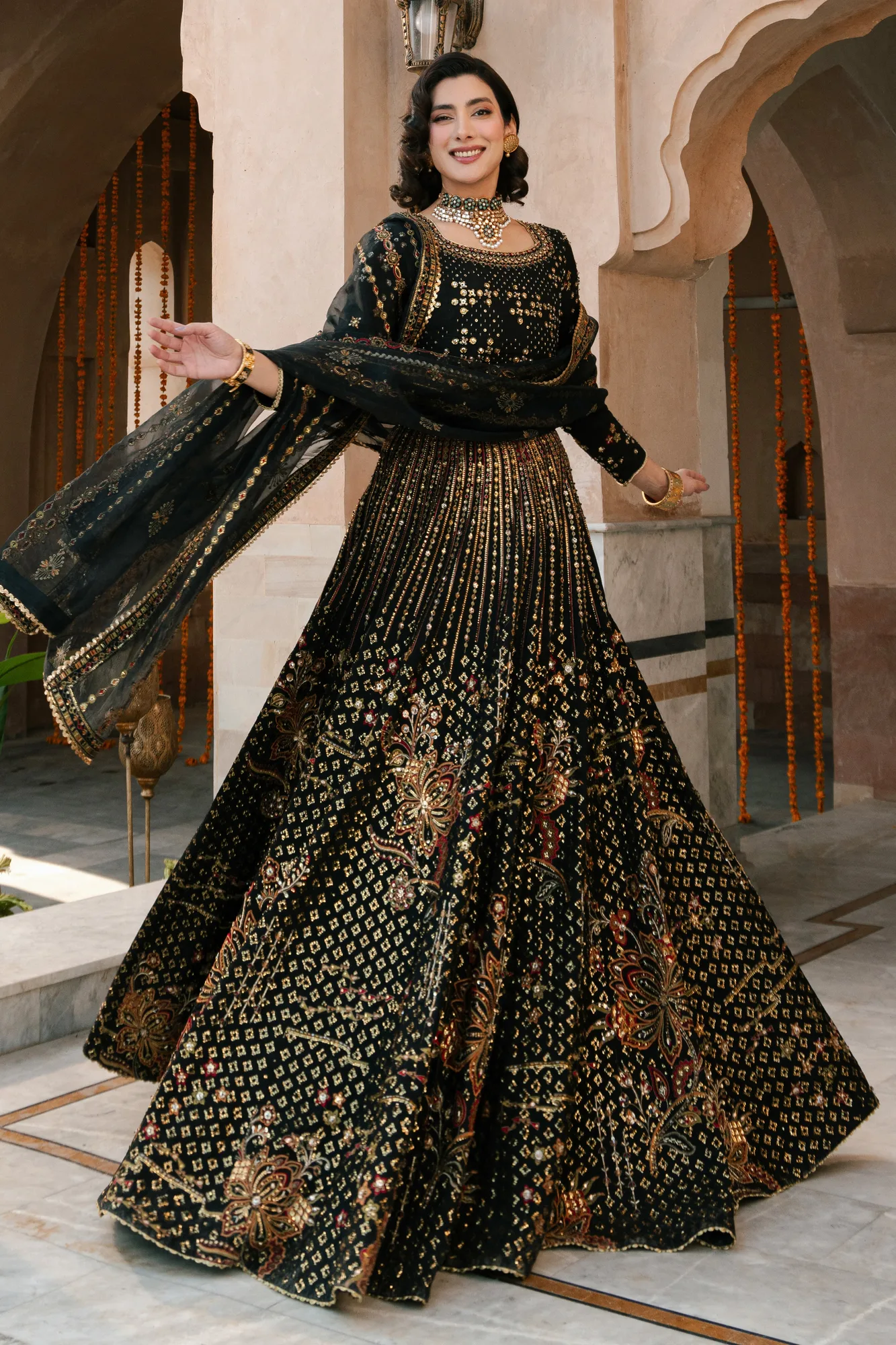 Orange raw silk and organza lehenga choli set with flowing skirt – view 6 – Poshaq