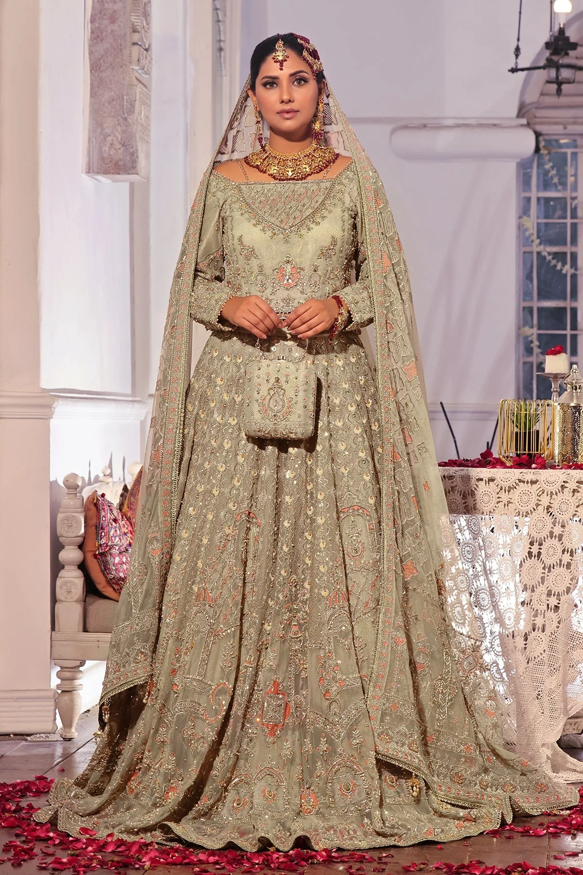 Beige tissue lehenga with heavy naqshi embroidery and crystal details – view 1 – Poshaq