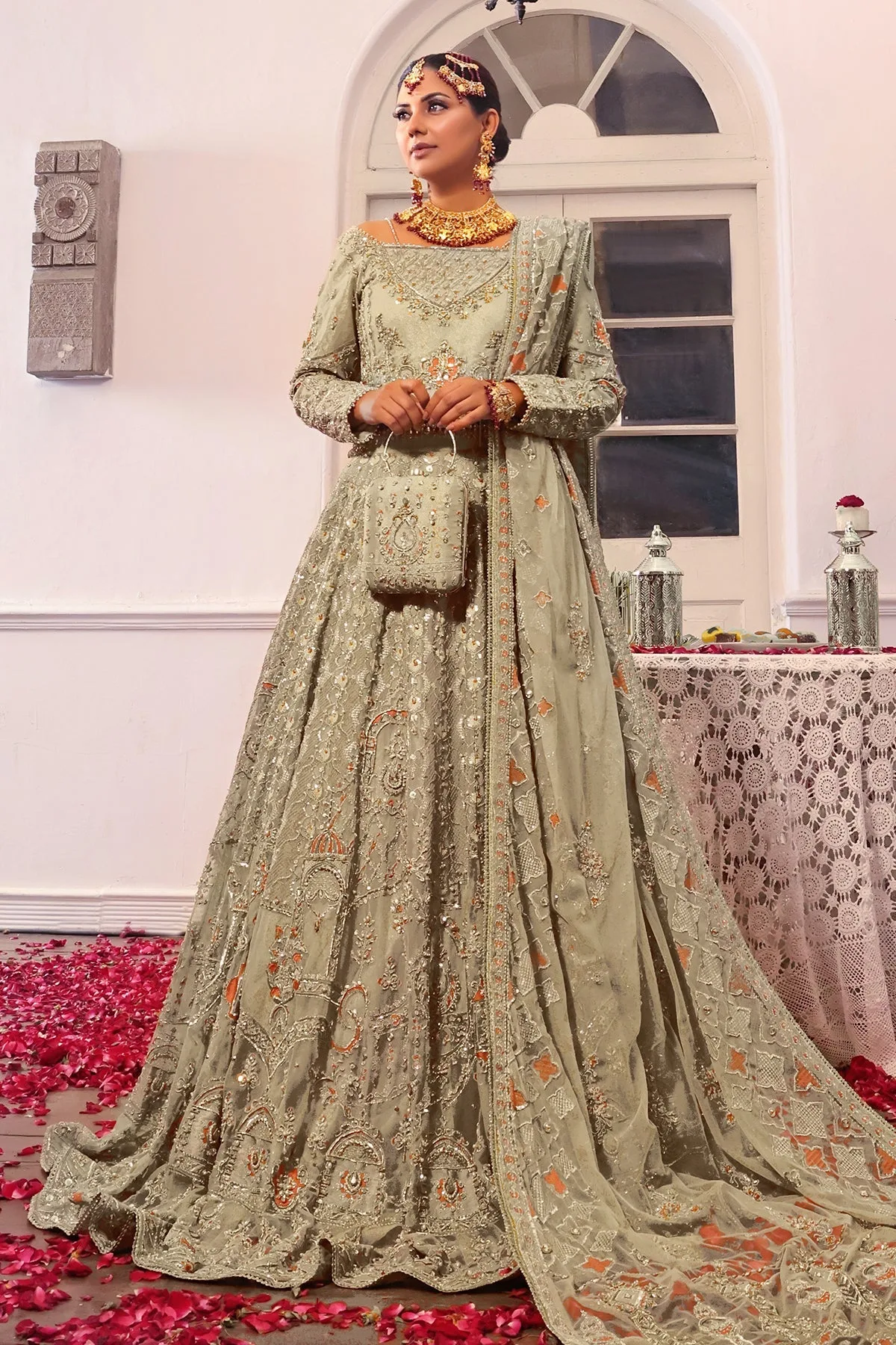Beige tissue lehenga with heavy naqshi embroidery and crystal details – view 2 – Poshaq