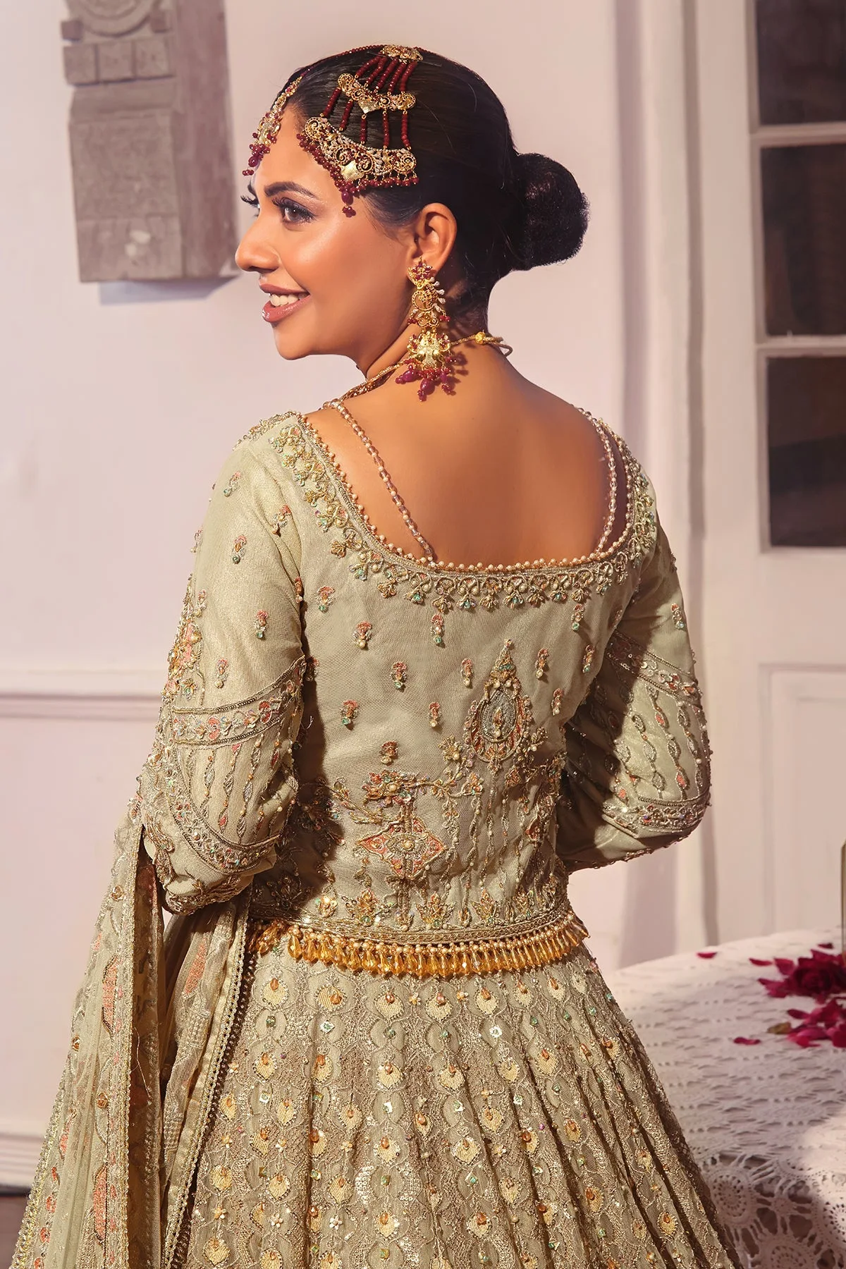 Beige tissue lehenga with heavy naqshi embroidery and crystal details – view 3 – Poshaq