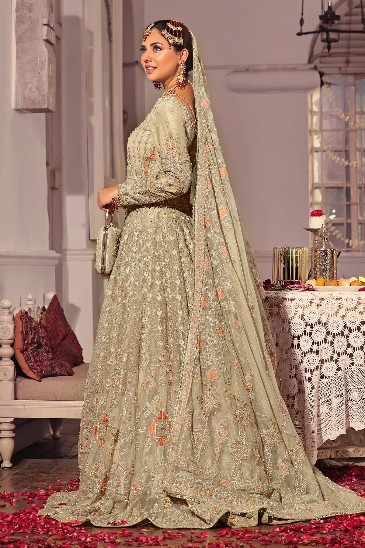 Beige tissue lehenga with heavy naqshi embroidery and crystal details – view 4 – Poshaq
