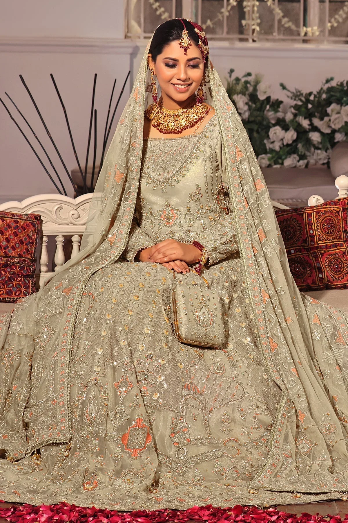 Beige tissue lehenga with heavy naqshi embroidery and crystal details – view 5 – Poshaq
