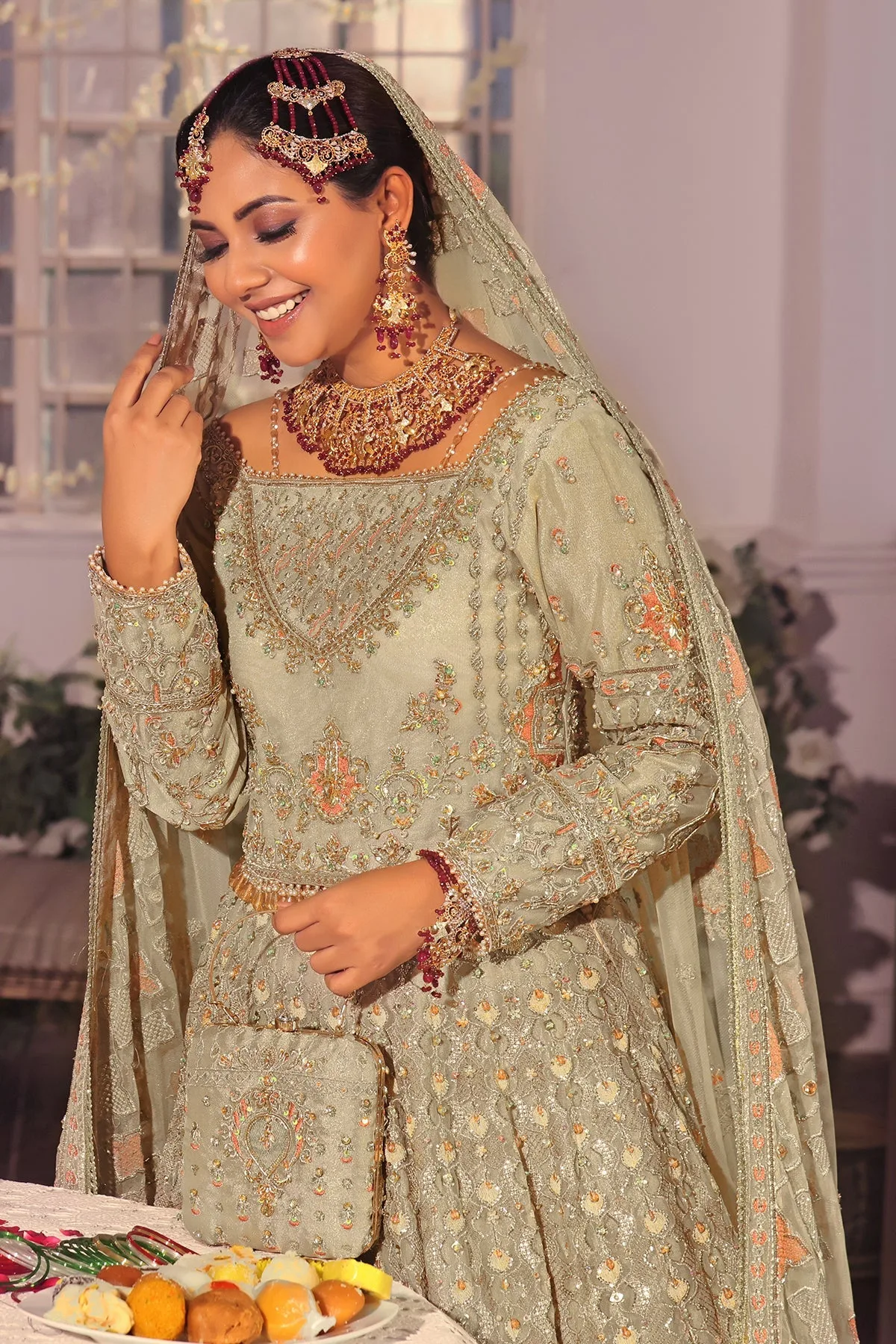Beige tissue lehenga with heavy naqshi embroidery and crystal details – view 6 – Poshaq