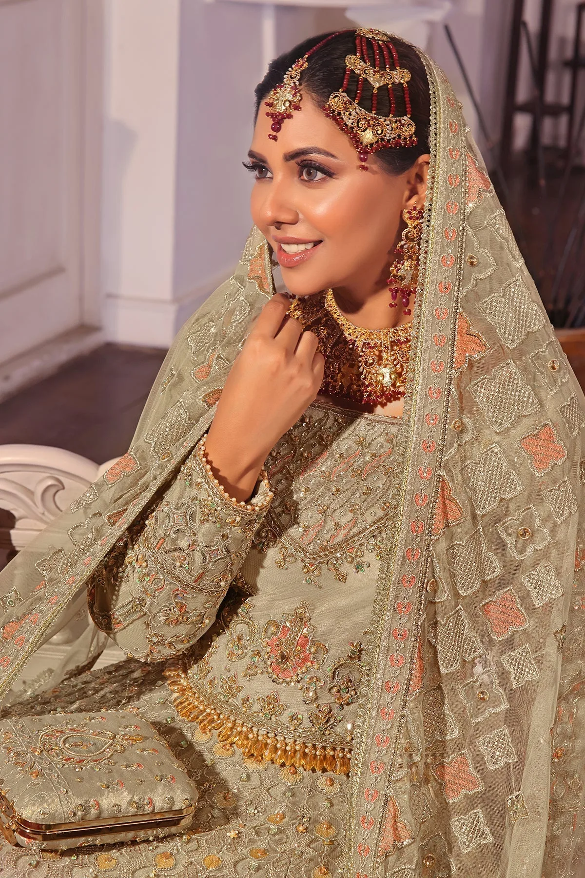 Beige tissue lehenga with heavy naqshi embroidery and crystal details – view 7 – Poshaq