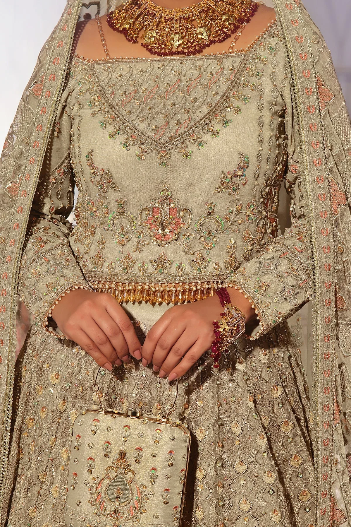 Beige tissue lehenga with heavy naqshi embroidery and crystal details – view 8 – Poshaq