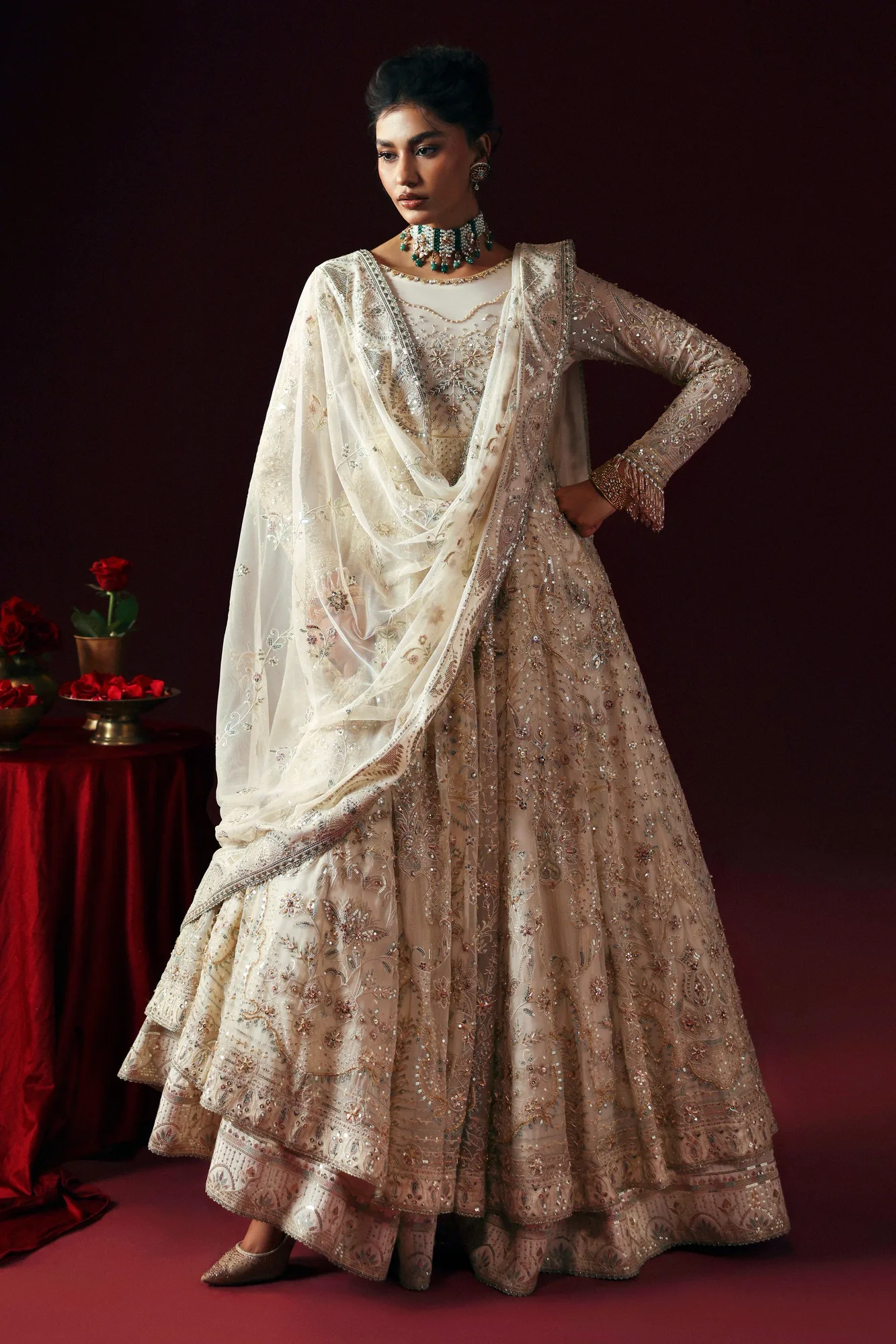 Silver formal outfit with crinkled silk frock and sheer net dupatta – view 1 – Poshaq
