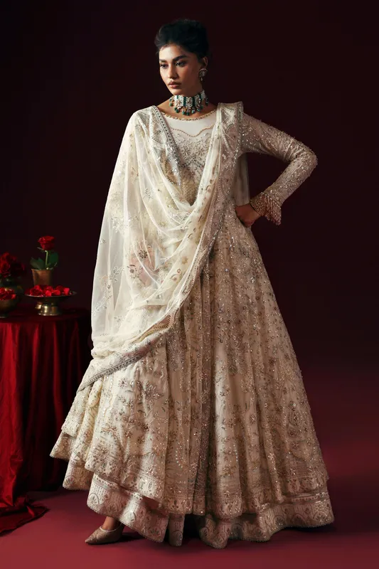 Silver formal outfit with crinkled silk frock and sheer net dupatta – view 1 – Poshaq