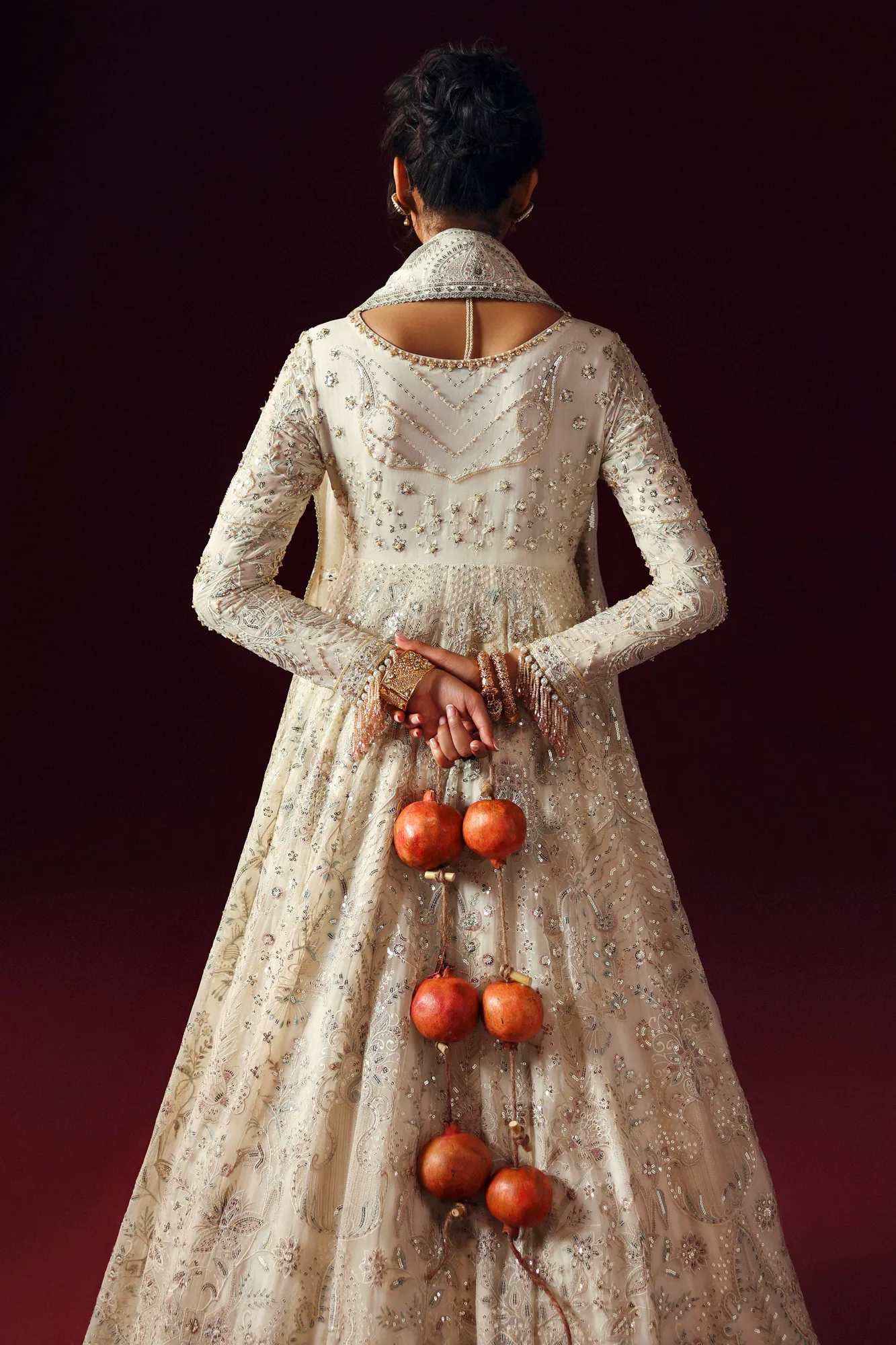 Silver formal outfit with crinkled silk frock and sheer net dupatta – view 2 – Poshaq