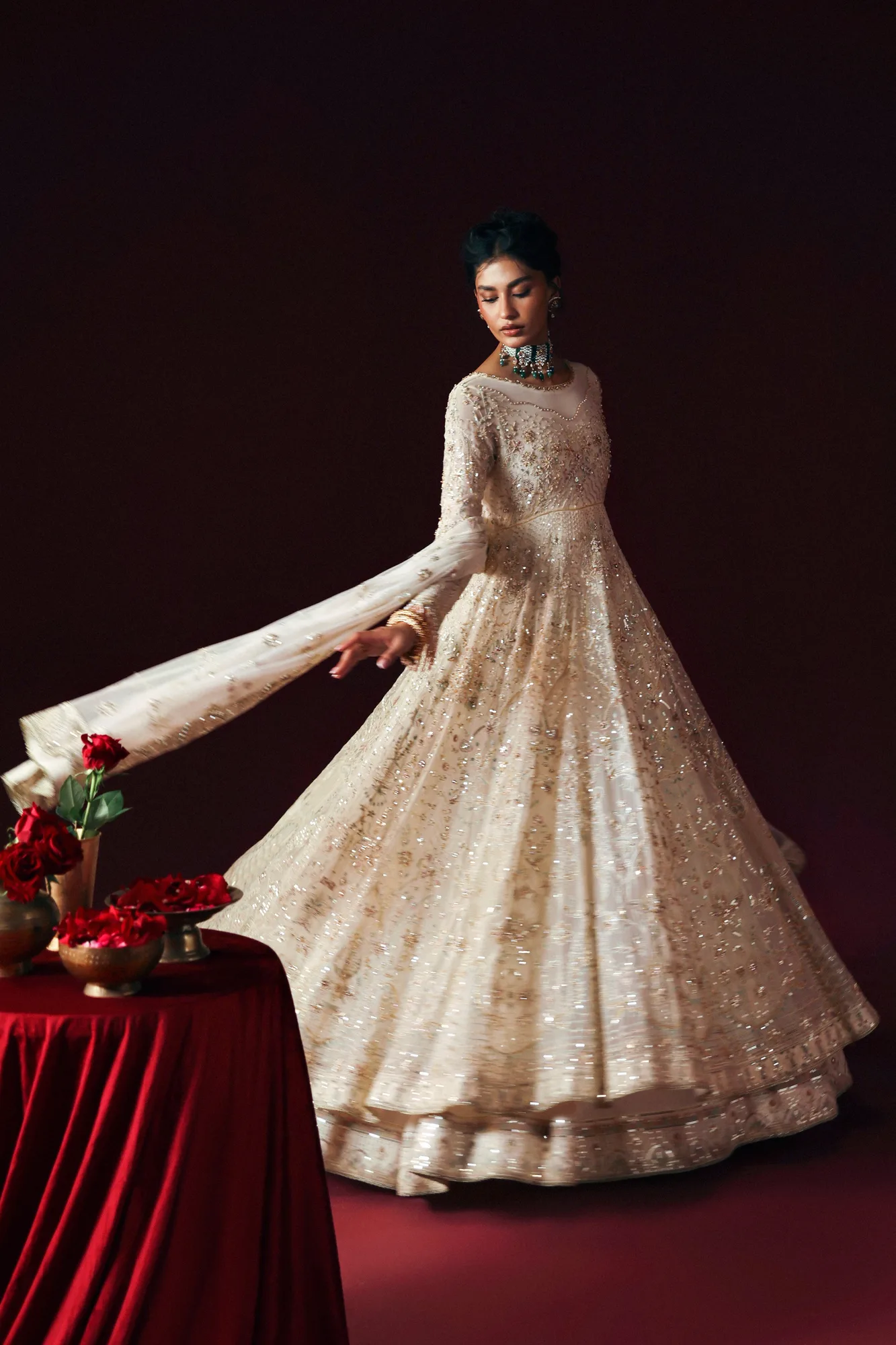 Silver formal outfit with crinkled silk frock and sheer net dupatta – view 3 – Poshaq