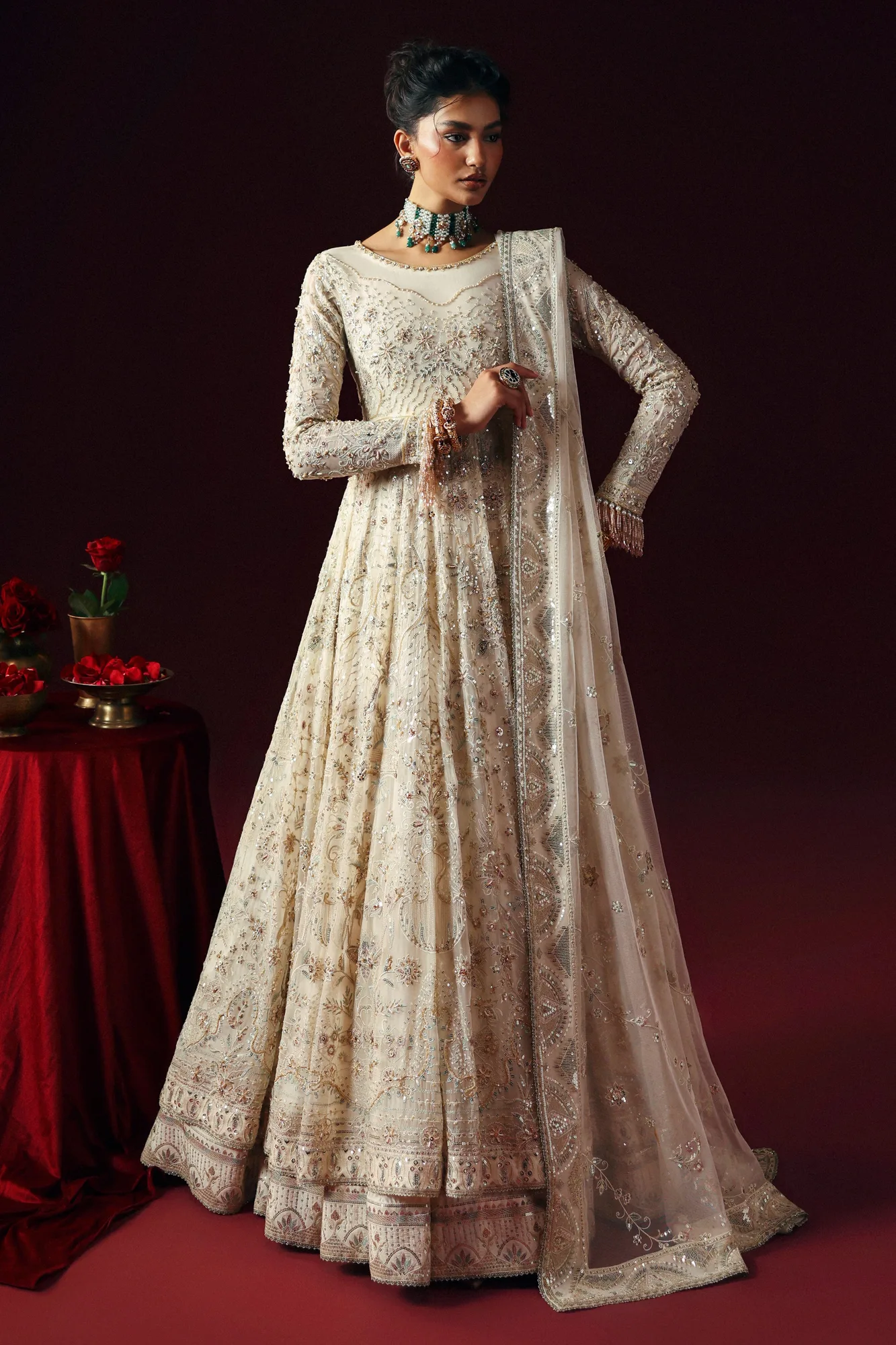 Silver formal outfit with crinkled silk frock and sheer net dupatta – view 4 – Poshaq
